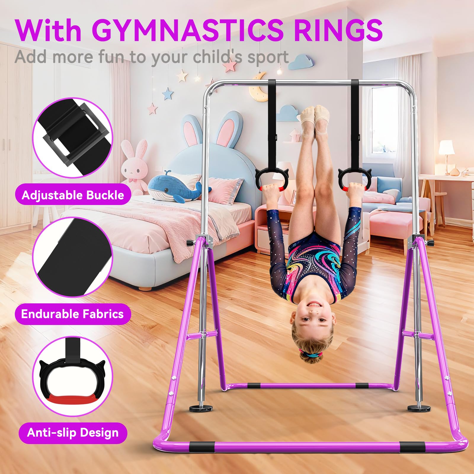 Barra de Gimnasia para Niños, Altura Ajustable y Plegable – con Anillos, Barra Horizontal para Interior, Equipo de Entrenamiento en Casa para Niñas y Niños