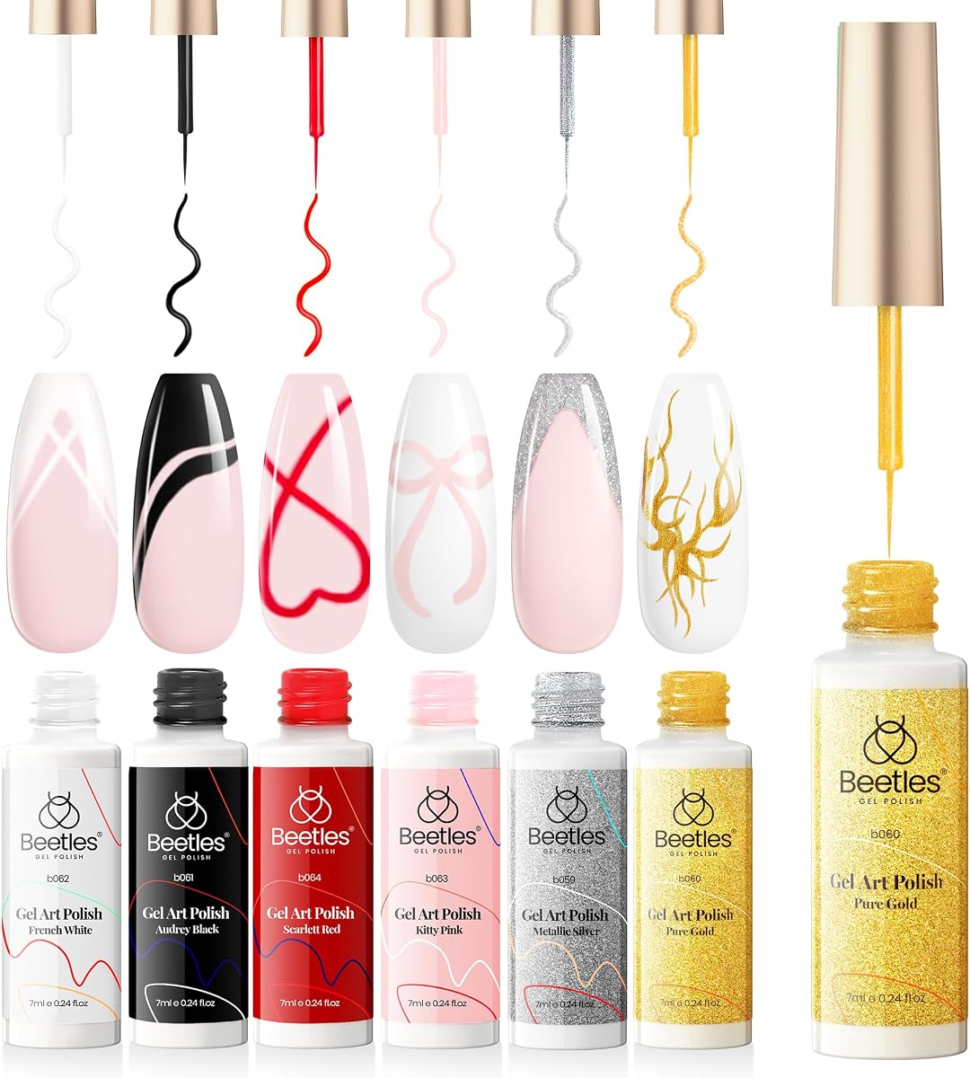 Beetles Gel Polish Nail Art Gel Liner Set-6 Popular Black White Red Colors | Gel Art Paint for Swirl Nails Built Thin Nail Art Gel Pens Soak off Uv Lamp Manicure Gold Silver Glitters