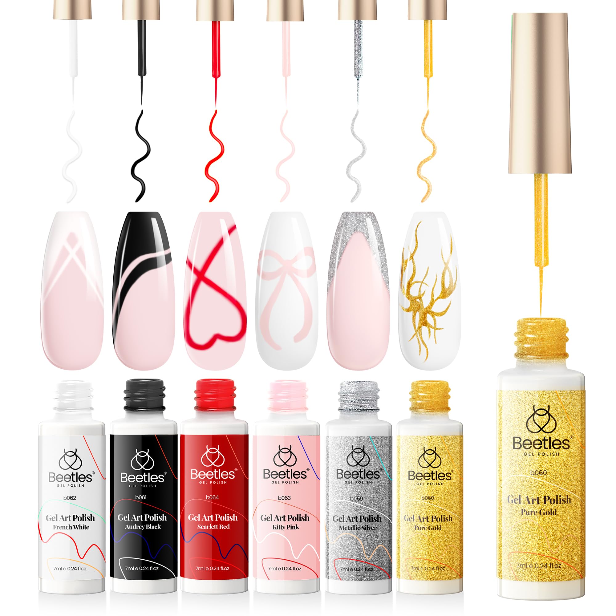 Beetles Gel Polish Nail Art Gel Liner Set-6 Popular Black White Red Colors Gel Art Paint for Swirl Nails Built Thin Nail Art Brush in Bottle Gel Pens Soak Off Gold Glitters Nail Art Gel