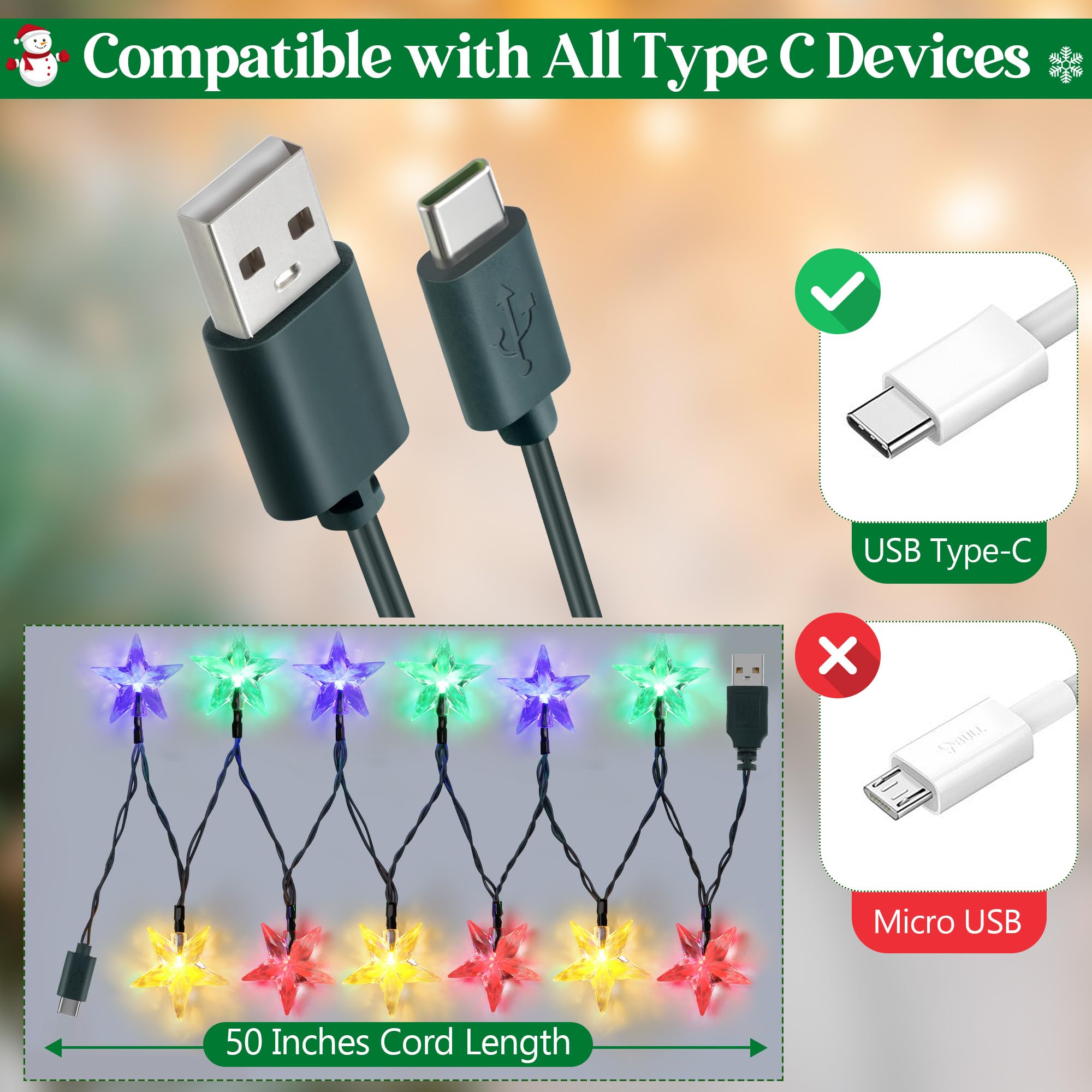 1 x USB-Typ-C-Licht-Handy-Ladekabel, mehrfarbig, 12 LEDs, 127,7 cm, Licht-Handy-Ladekabel, kompatibel mit iPhone 15 Pro Max/15 Plus/S23 Ultra/S22 (Kristallstern-Typ C)