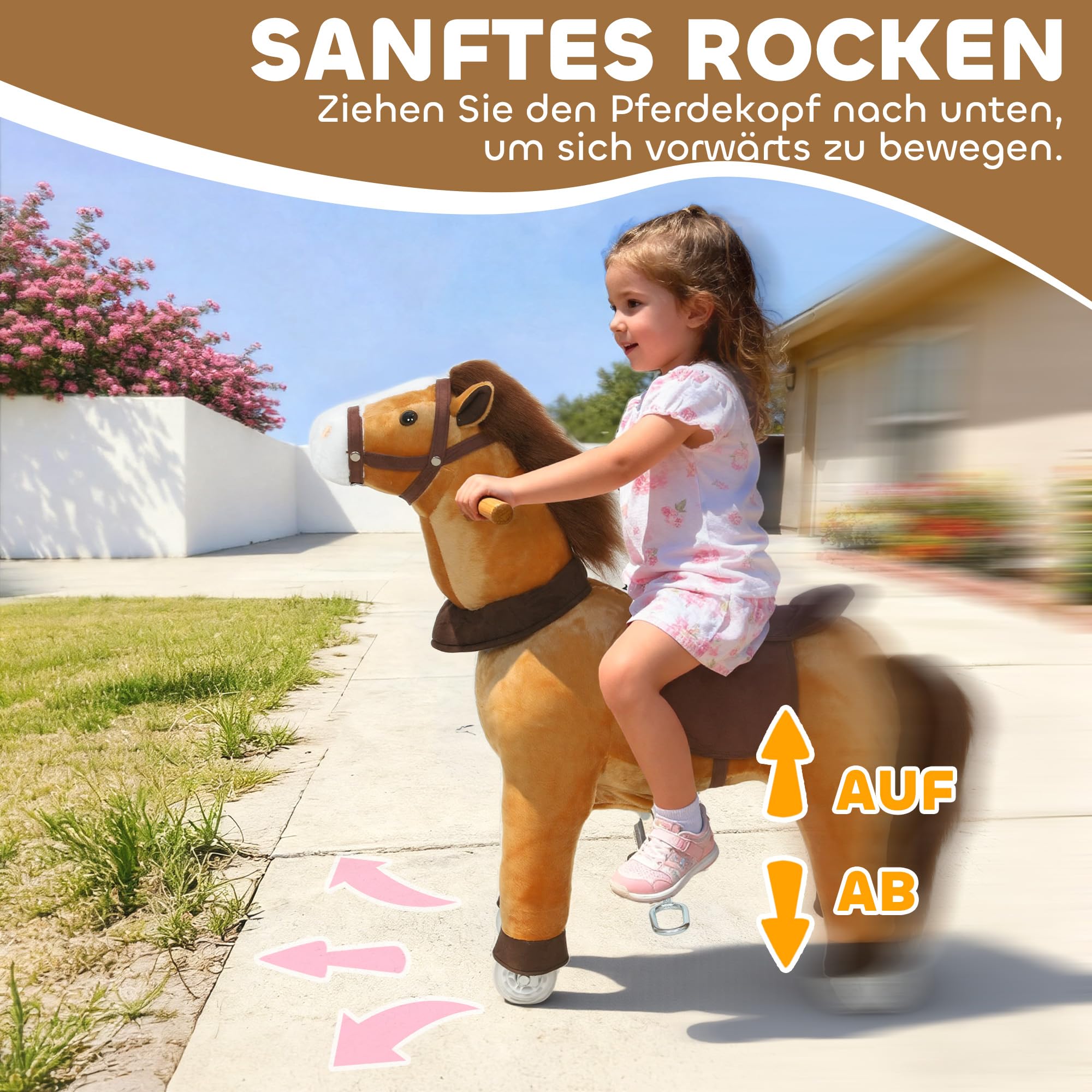 AIYAPLAY Reitpferd, Spielpferd zum Reiten mit Sattel Rollen, 75 cm Stehpferd, Plüschpferd für Kinder 3-5 Jahre, bis 25 kg, Dunkelbraun