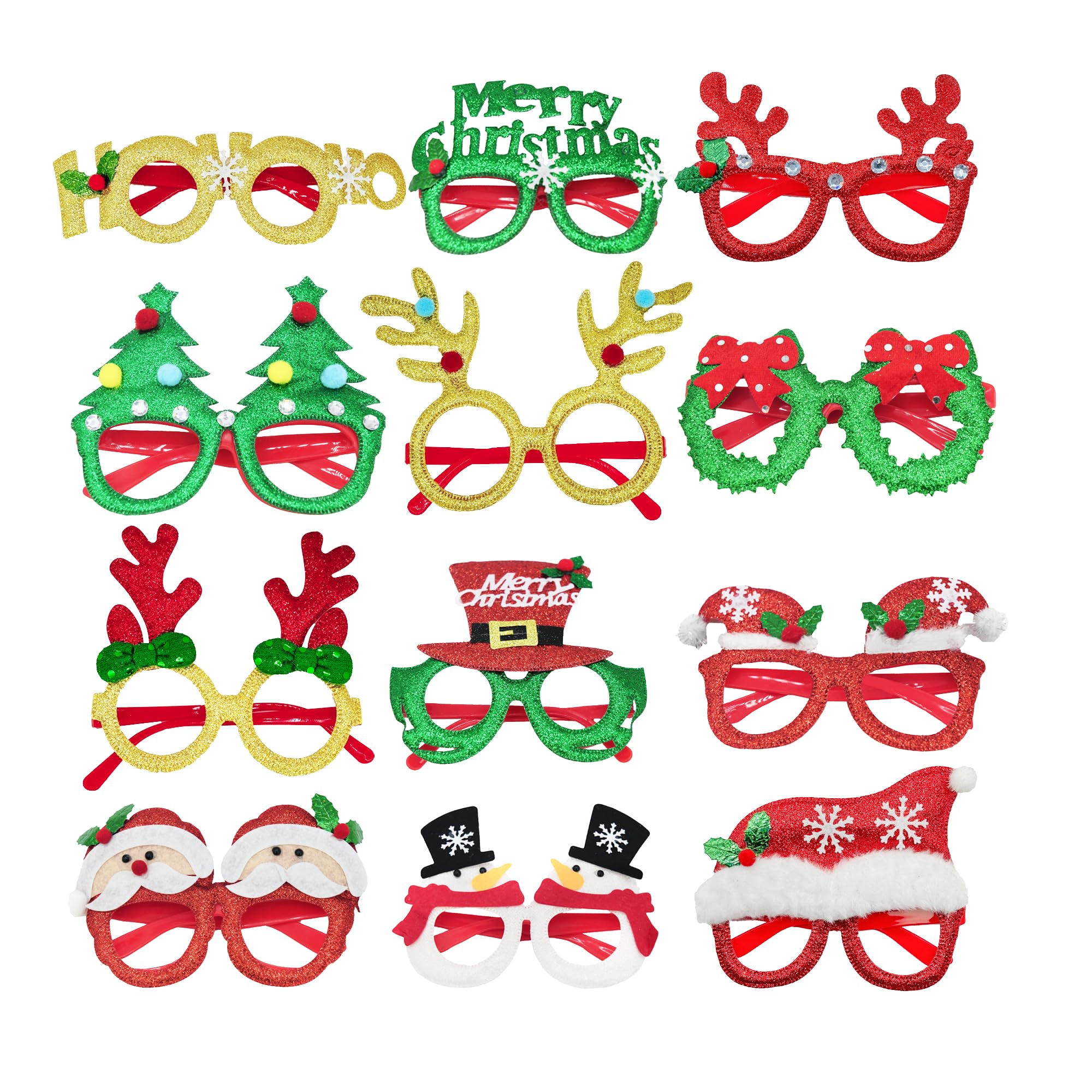 Yuncheton 12Pcs Christmas Glasses with Gift Box, Glitter Party Glasses Frames, Christmas Decoration Accessories, Eyeglasses for Holiday Party (One Size Fits All)