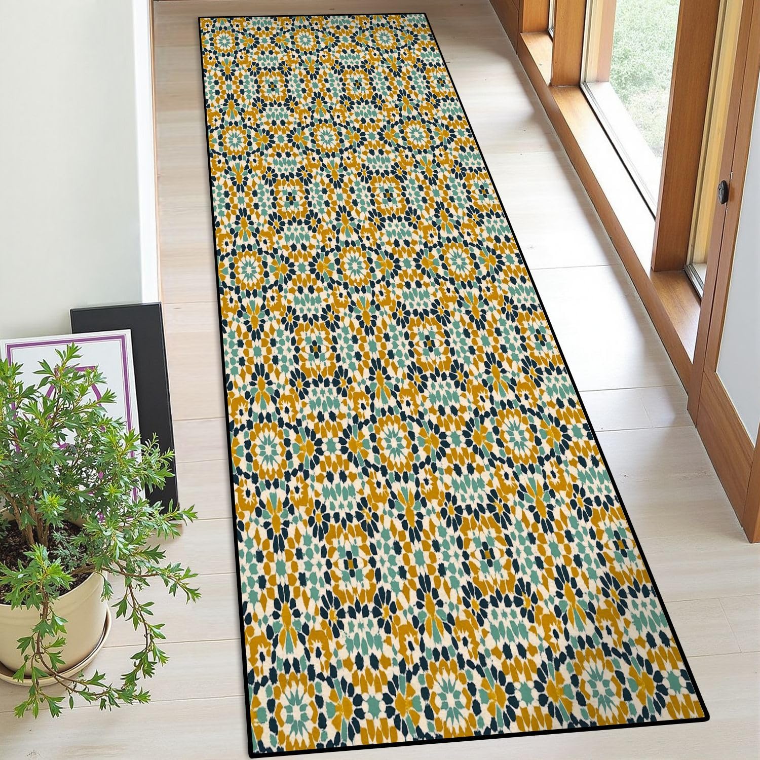 Runner Rug Washable 2x6 Seamless Geometric Ornament Based Traditional Art Arabian Tile Non-Slip Hallway Area Rug Indoor Outdoor Home Decor for Entryway Bathroom Kitchen Carpet Yoga Floor Mat