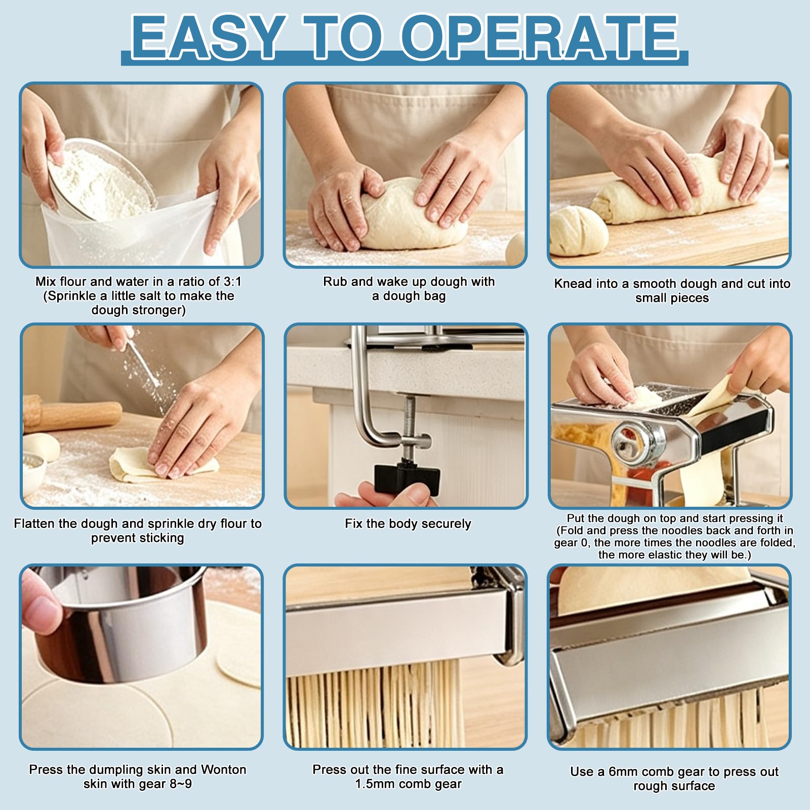 Máquina de pasta de acero inoxidable: máquina de pasta de acero de 150 mm con 9 grosores de masa y 2 anchos de corte, máquina manual de pasta para espaguetis, tallarines, lasaña, fettuccini