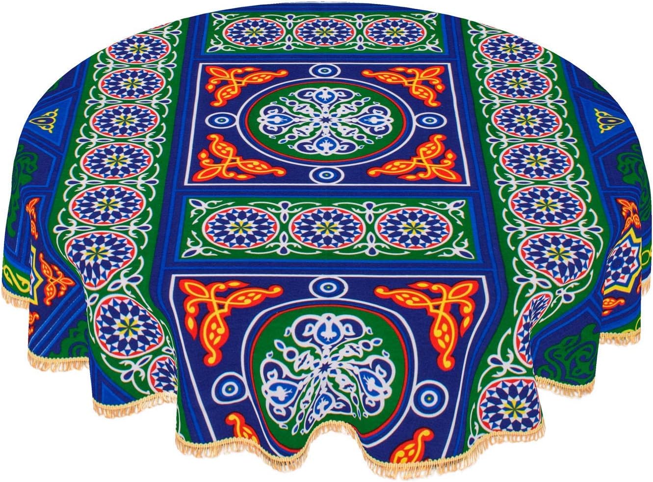 Egyptian Ramadan Decorations Colorful Blue Printed Khayamiya Cotton Linen Tablecloth Cover Top Round 55 Inches 140 cm