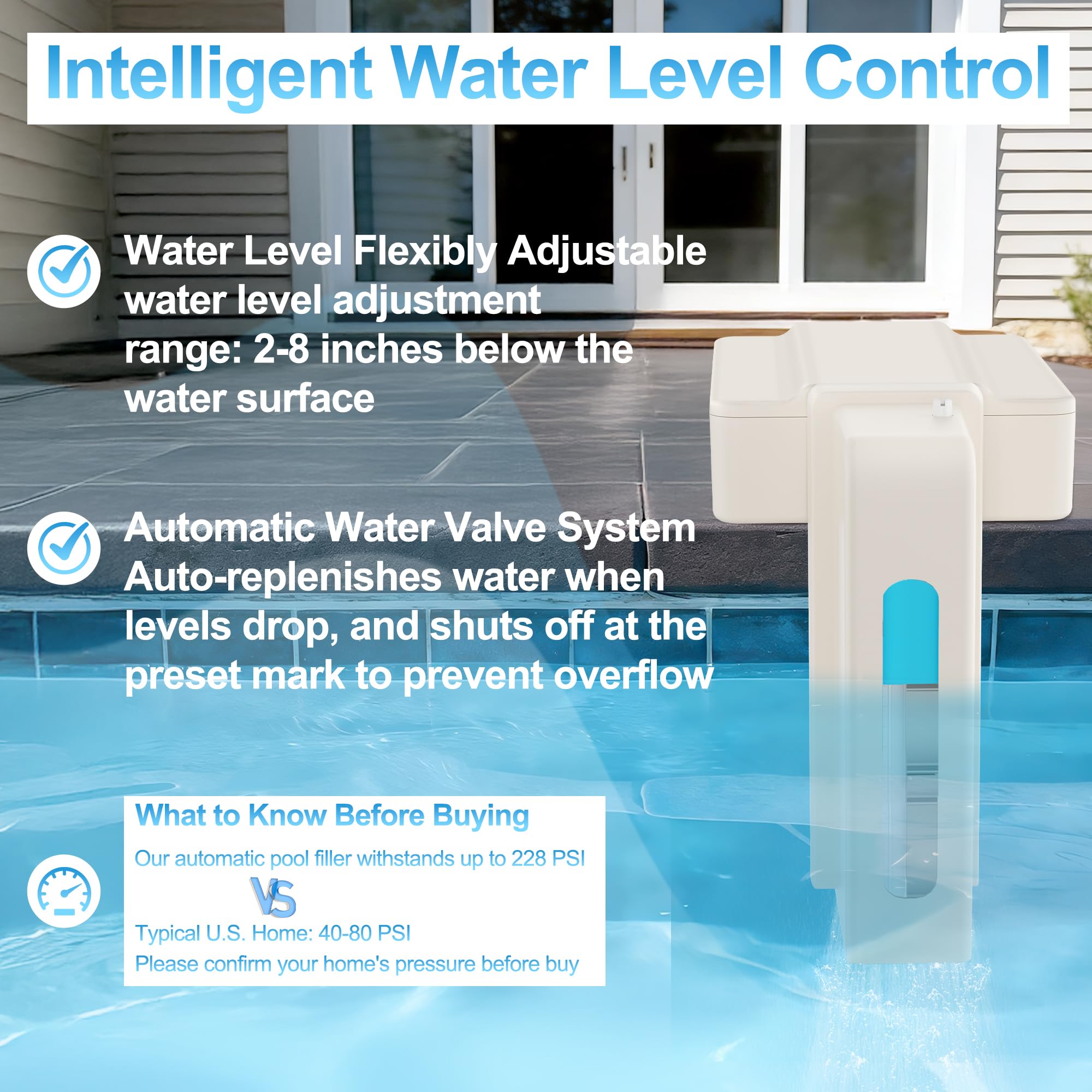 Llenador automático de piscina, nivelador de agua para piscinas/spas/estanques, gris y blanco | Válvula de llenado ajustable automática, para piscinas, spas, estanques, fuentes, control de nivel de agua, fácil instalación