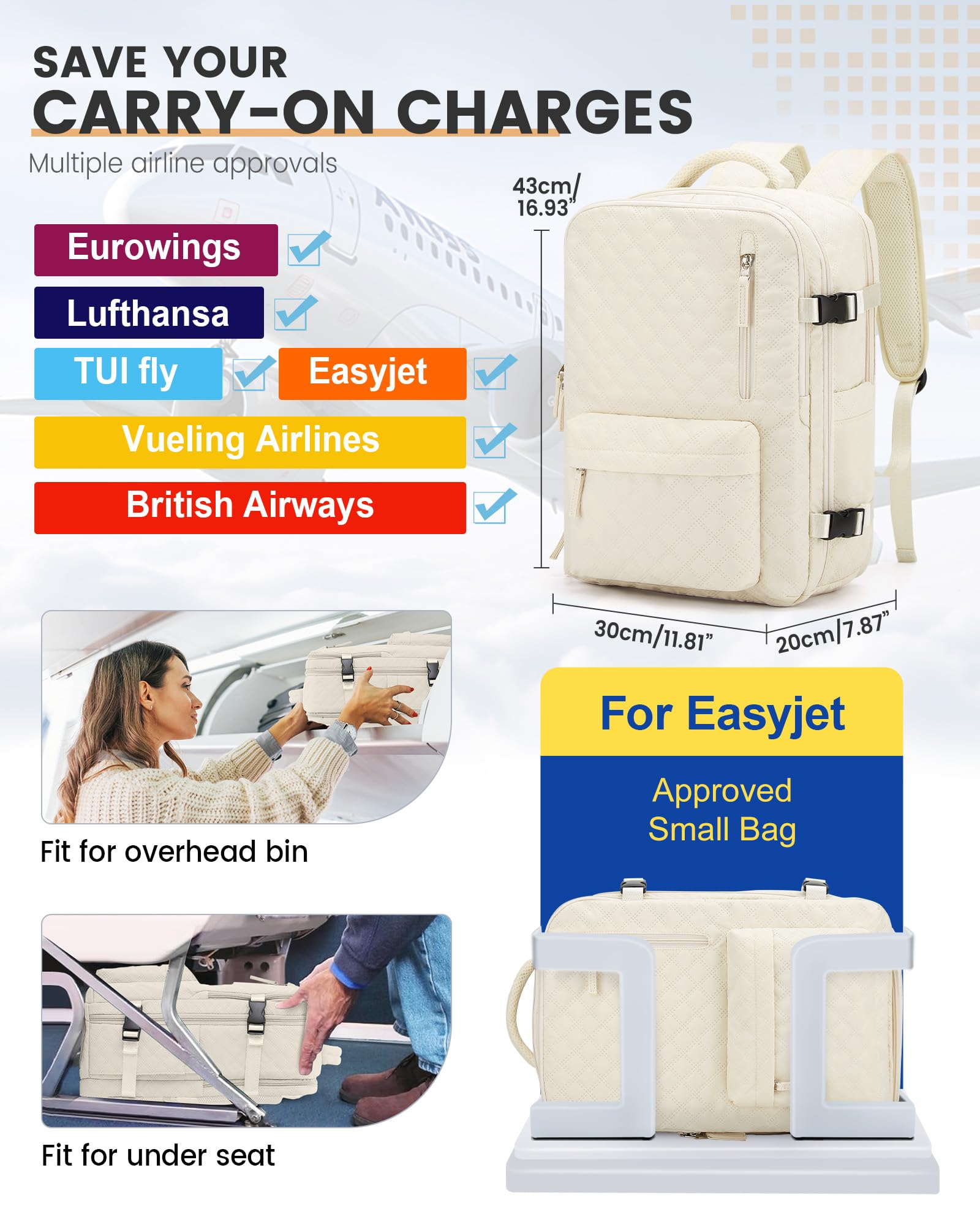 Borsa da Cabina per Ryanair 40x30x20 Zaino Sottovuoto da Viaggio con Pompa 40x20x25 Aereo Bagaglio a Mano Impermeabile Lavoro e Scuola Trekking Casual Daypack per 14" laptop,J5-Beige