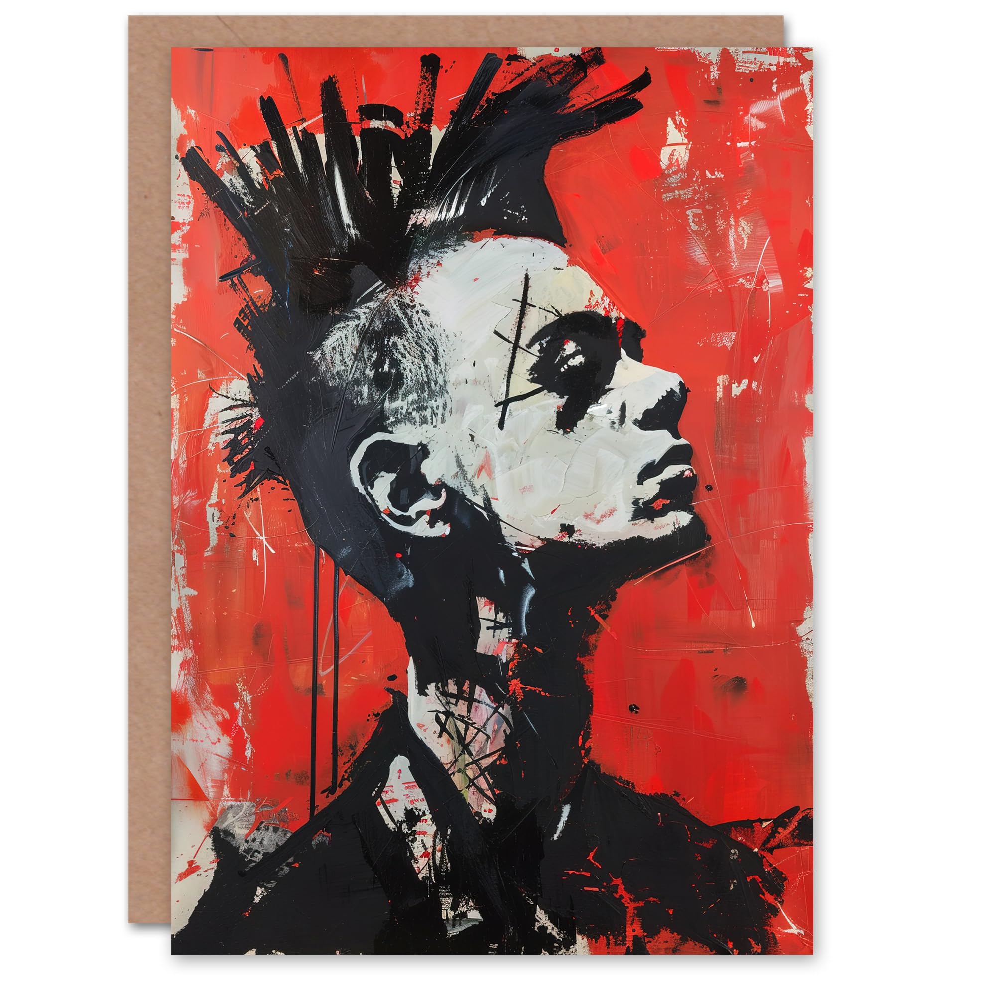 Artery8 Greeting Card Punk Mohawk Modern Portrait Street Art Goth Blank For Him Or Her Art Birthday Card