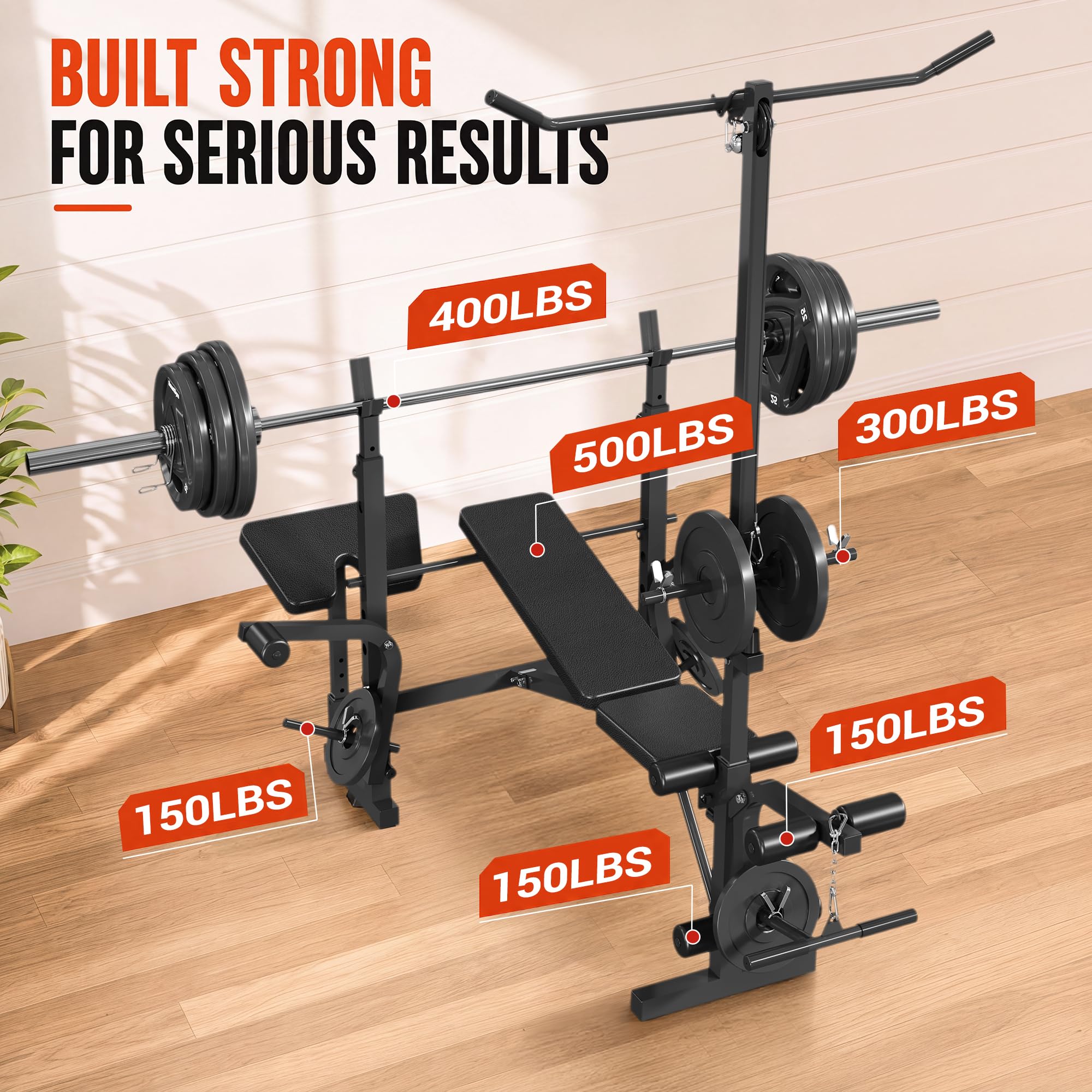 8 in 1 Adjustable Weight Bench Set, Lat Pulldown & Leg Extension Foldable Bench Press Set with Preacher Curl Pad, Chest Fly, Leg Curl, Rack, Full Body Home Gym Strength Training Equipment