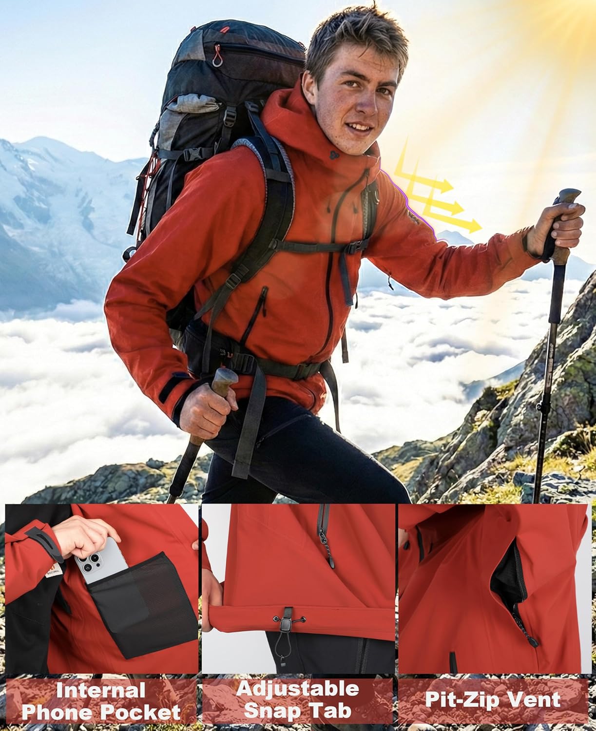 Men's Hardshell Rain Jacket 75D 3-Layer Waterproof/Windproof Breathable Hiking Windbreaker PFAS-Free