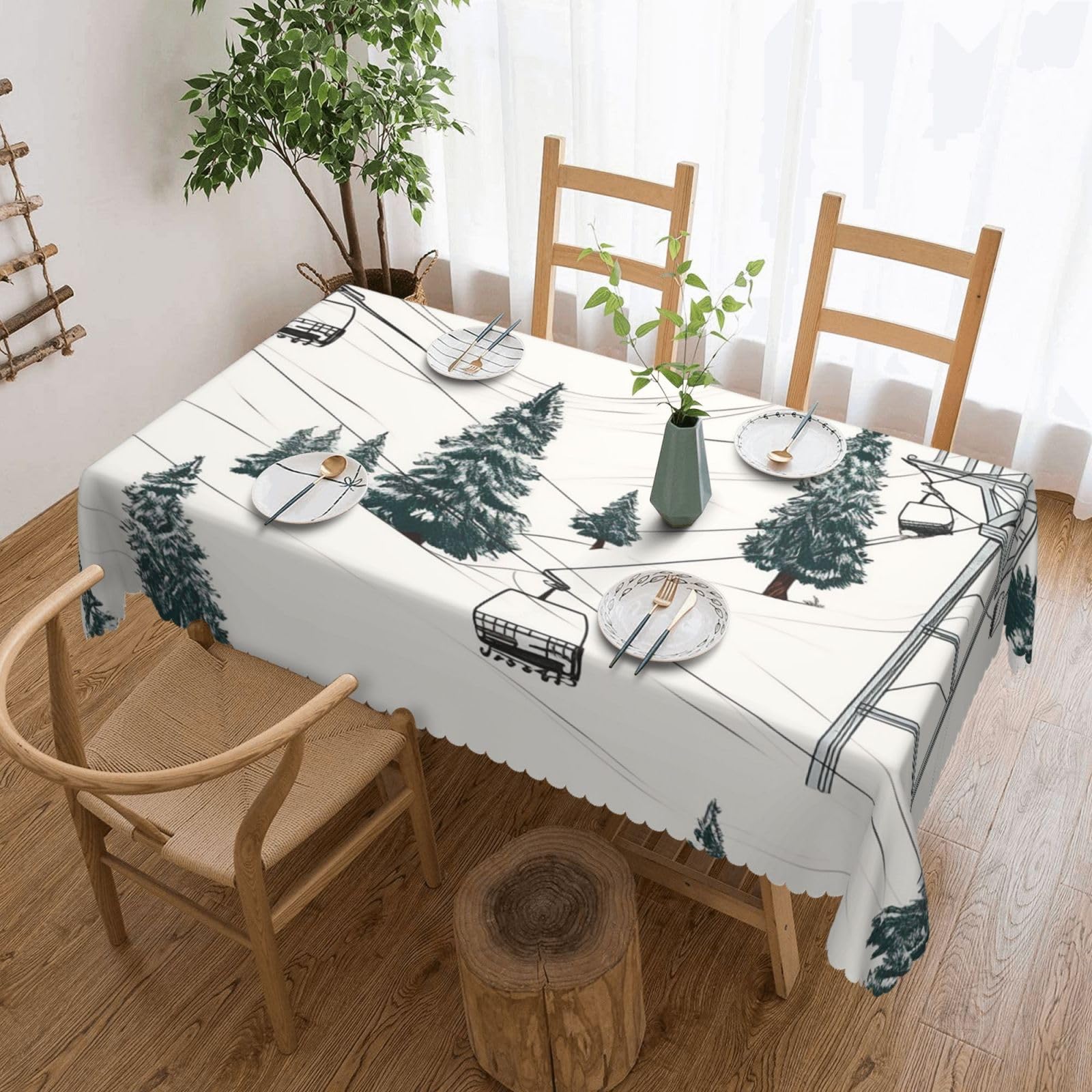 FodPand Ski Lift with Fir Tree Tablecloths for Rectangle Tables 54 x 72 Inch - Reusable Washable Dining Table Clothes - Stain and Wrinkle Resistant Decorative Fabric Table Cover for Wedding Party