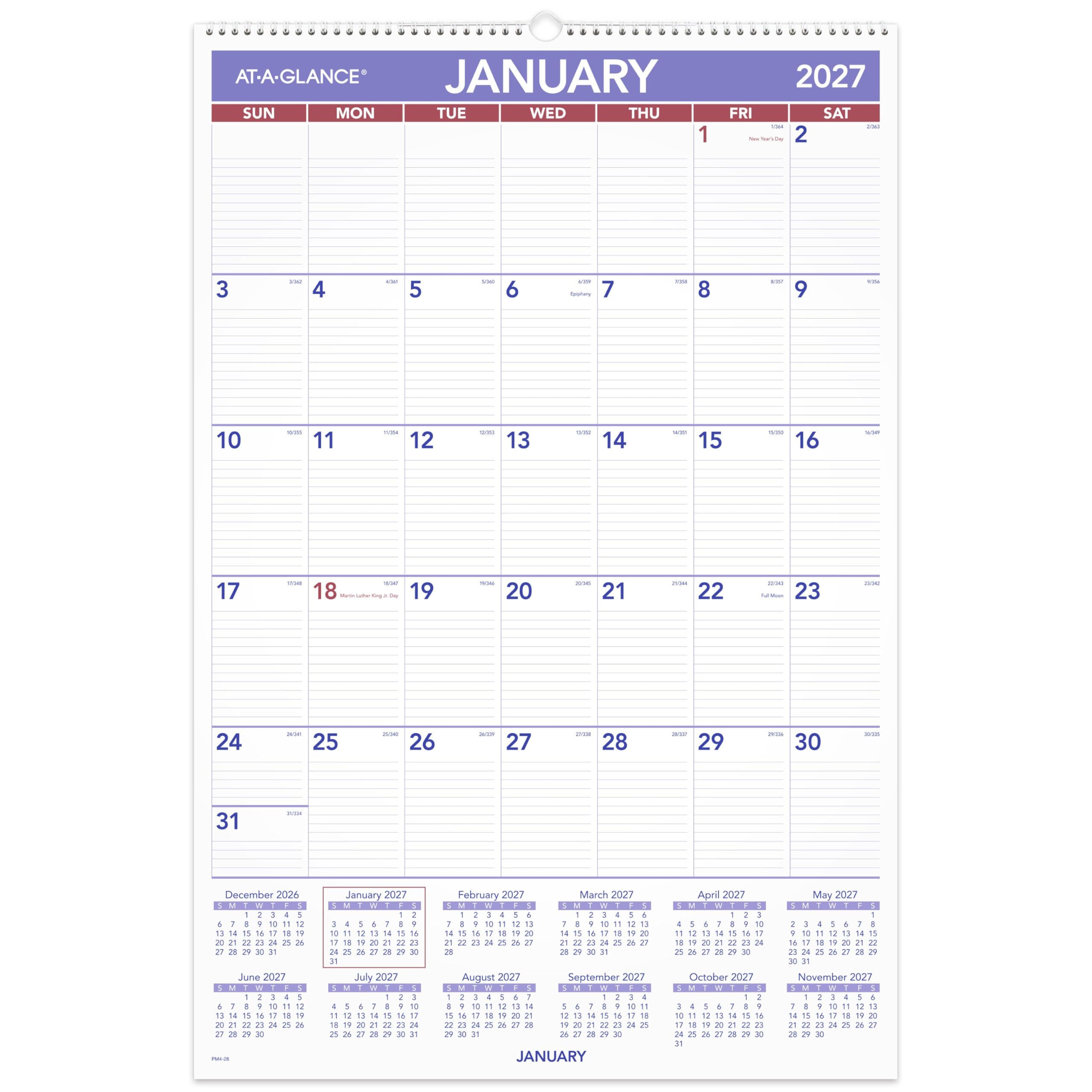 AT-A-GLANCE Calendrier mural 2027, mensuel, planificateur 50,8 x 76,2 cm, blocs journaliers lignés (PM42827)