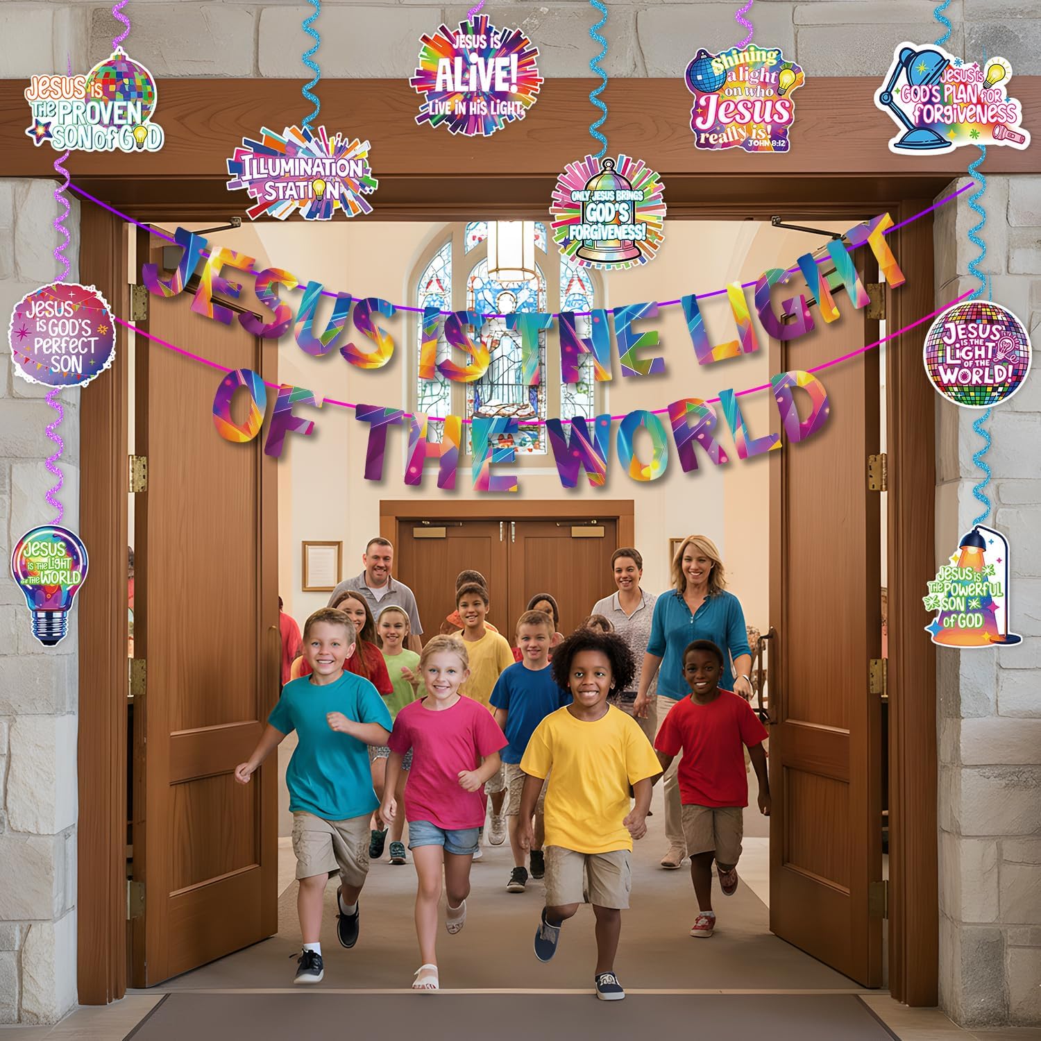 VBS 2026 Decorations Banner Set NO-DIY Jesus is The Light of The World Banner and Christian Hanging Swirls Religious Sunday School Classroom Decor for Vacation Bible School Church Party Supplies