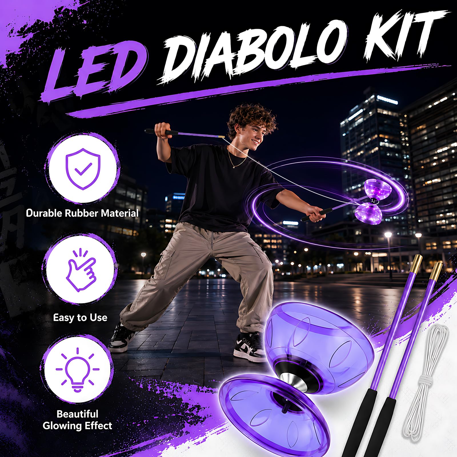 Diabolo Roulement à Billes, Diabolo Lumineux, Kit Lumineux Diabolo avec Corde de 10 M, Ensemble de Jonglage à Roulements à Billes pour Débutants et Professionnels (Violet)