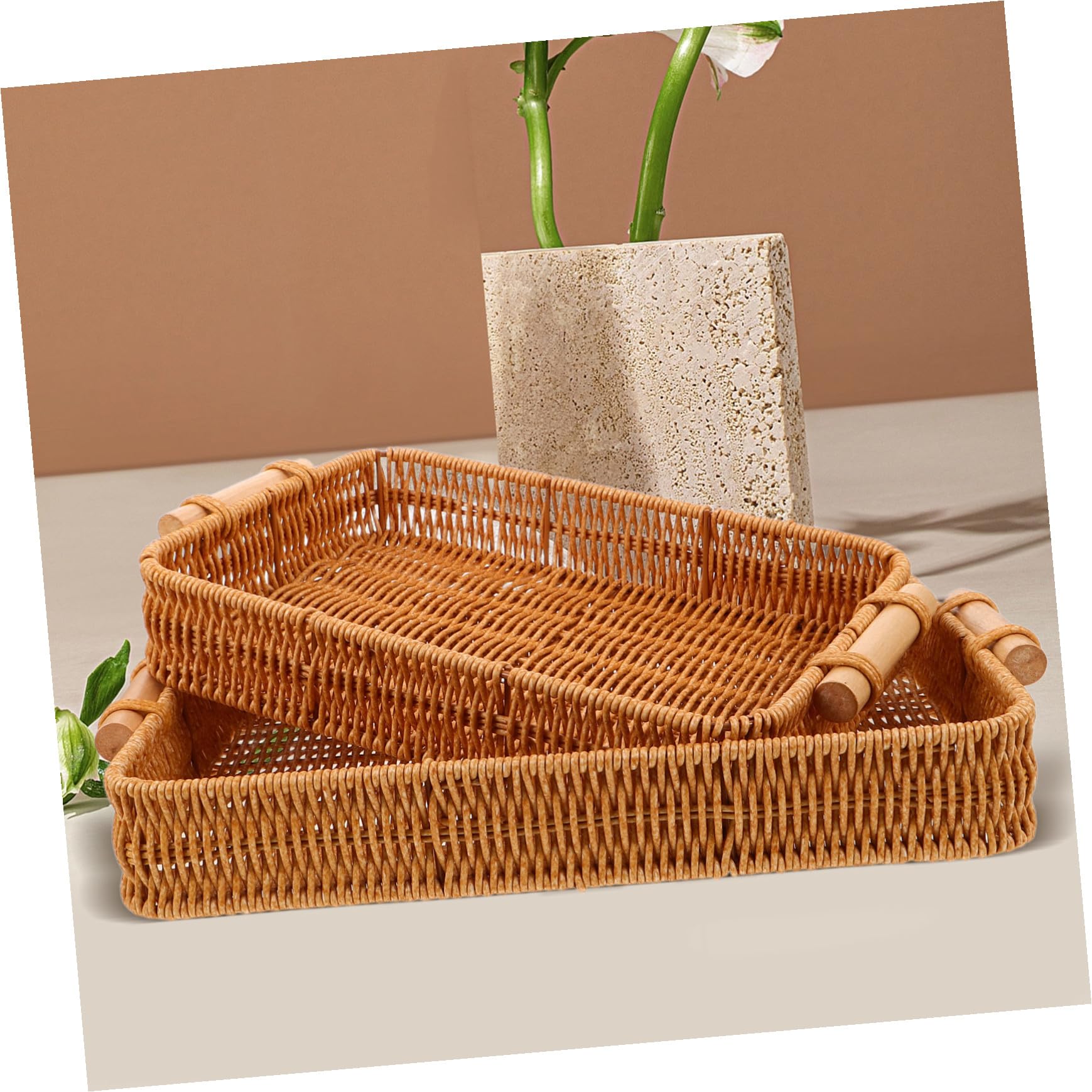 2 Piezas Cestas de Mimbre Tejidas Mano con Asas de Bandejas Rectangulares para Servir y Almacenar Ventilación Natural para Pan y Frutas Organizador Versátil para Cocina y Baño