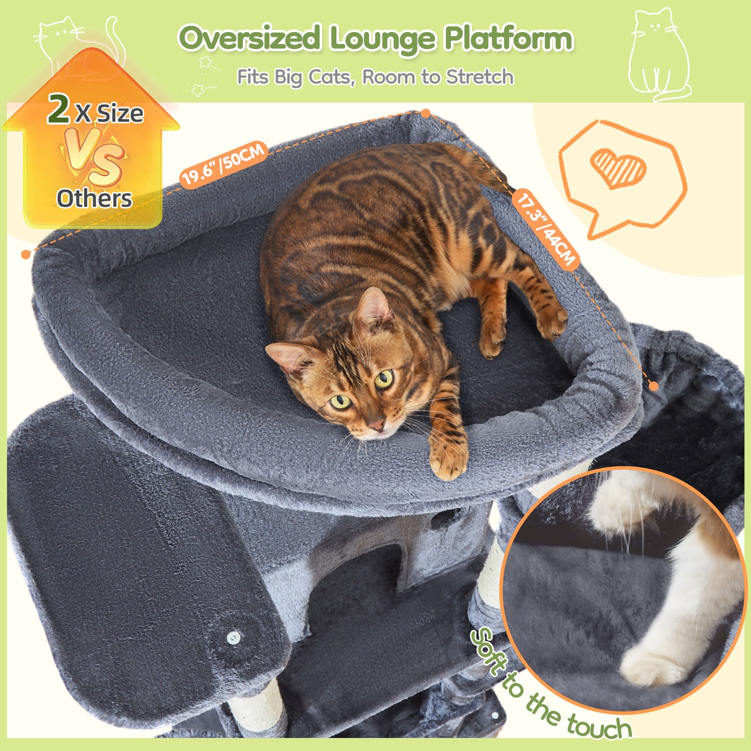 Taoqimiao 72 Inch Cat Tree, XXL Cat Tower for Indoor Cats Large Adult 25Lbs+, Extra-Large Platform, 2 Cat Houses, 7 Scratching Post, Extra-Sized Durable Hammock, Cozy Basket, Smoky Gray, F20G: Smoke Gray