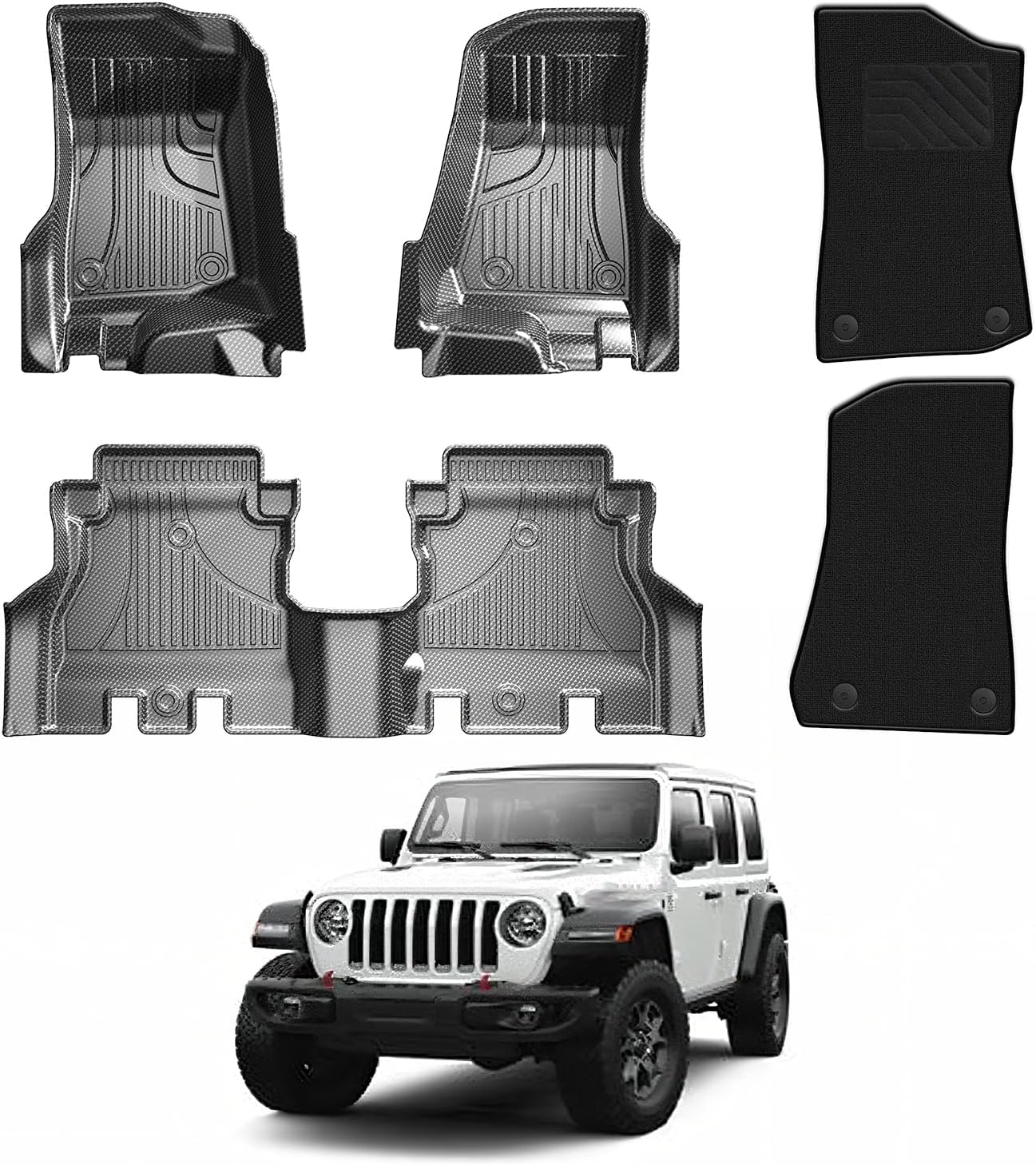 Floor Mats Fit for Jeep Wrangler JL 4-Door 2018-2025 Unlimited 4-Door Only Carbon Fiber Pattern Floor Mats & Black Front Carpets 1st & 2nd 5-PC All Weather Anti-Slip Waterproof Mats (Not JK or 4XE) for Jeep Wrangler 2018-2025 (+ Carpet)