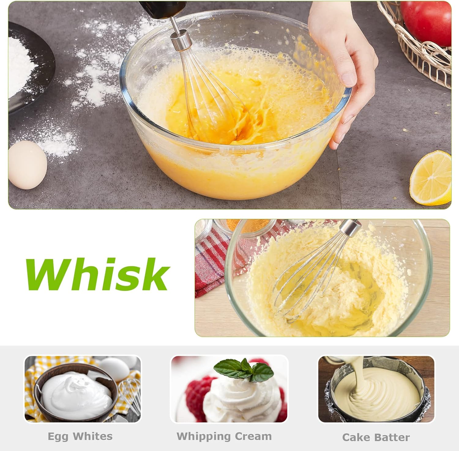 El batedor Bonsenkitchen que s'utilitza per batre ous en un bol, amb imatges de clares d'ou batudes, nata muntada i massa de pastís.