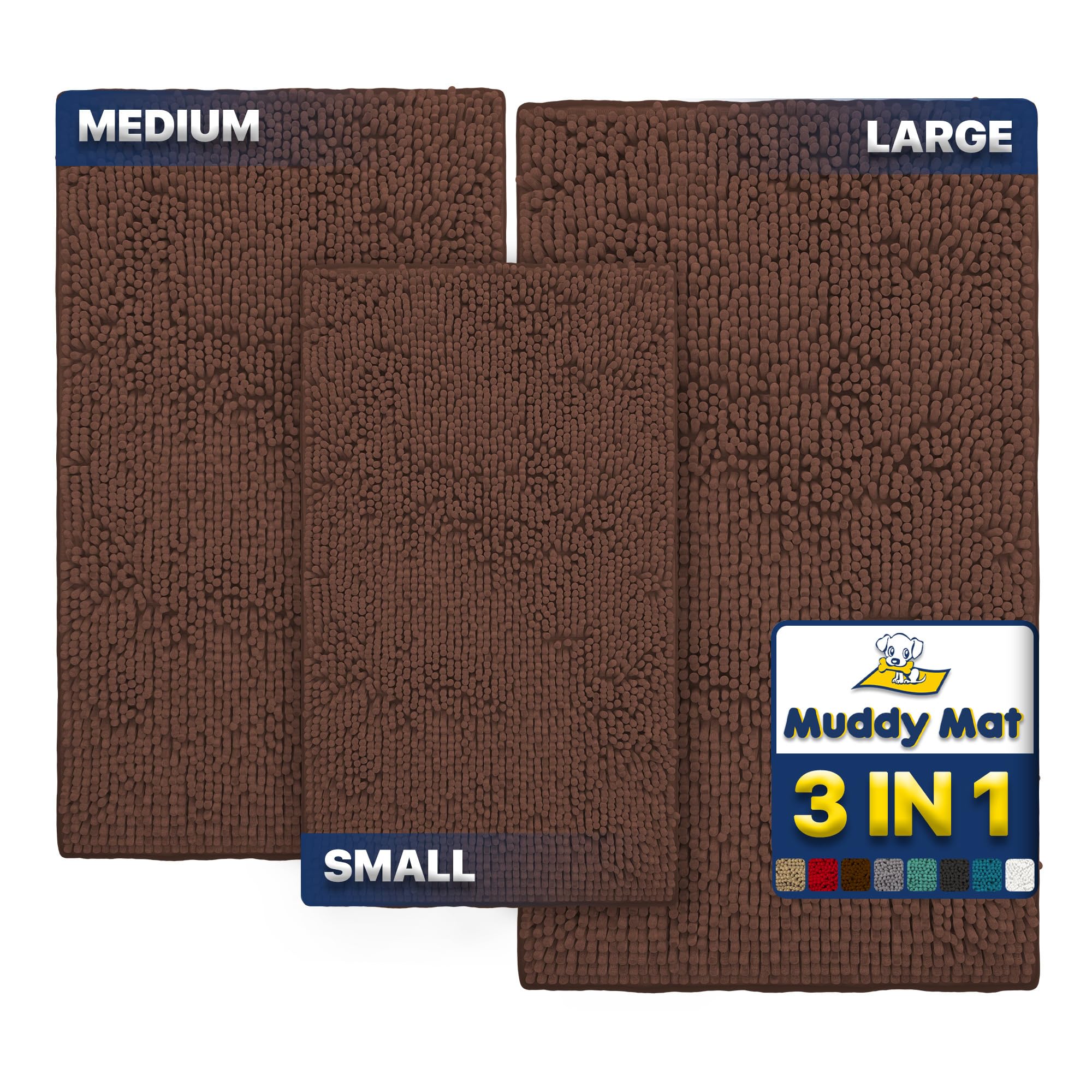 Muddy Mat® Pack of 3 Highly Absorbent Microfiber Dog Door Mat and Pet Rug, Non Slip Thick Washable Area Mat Soft Chenille for Kitchen Bathroom Bedroom