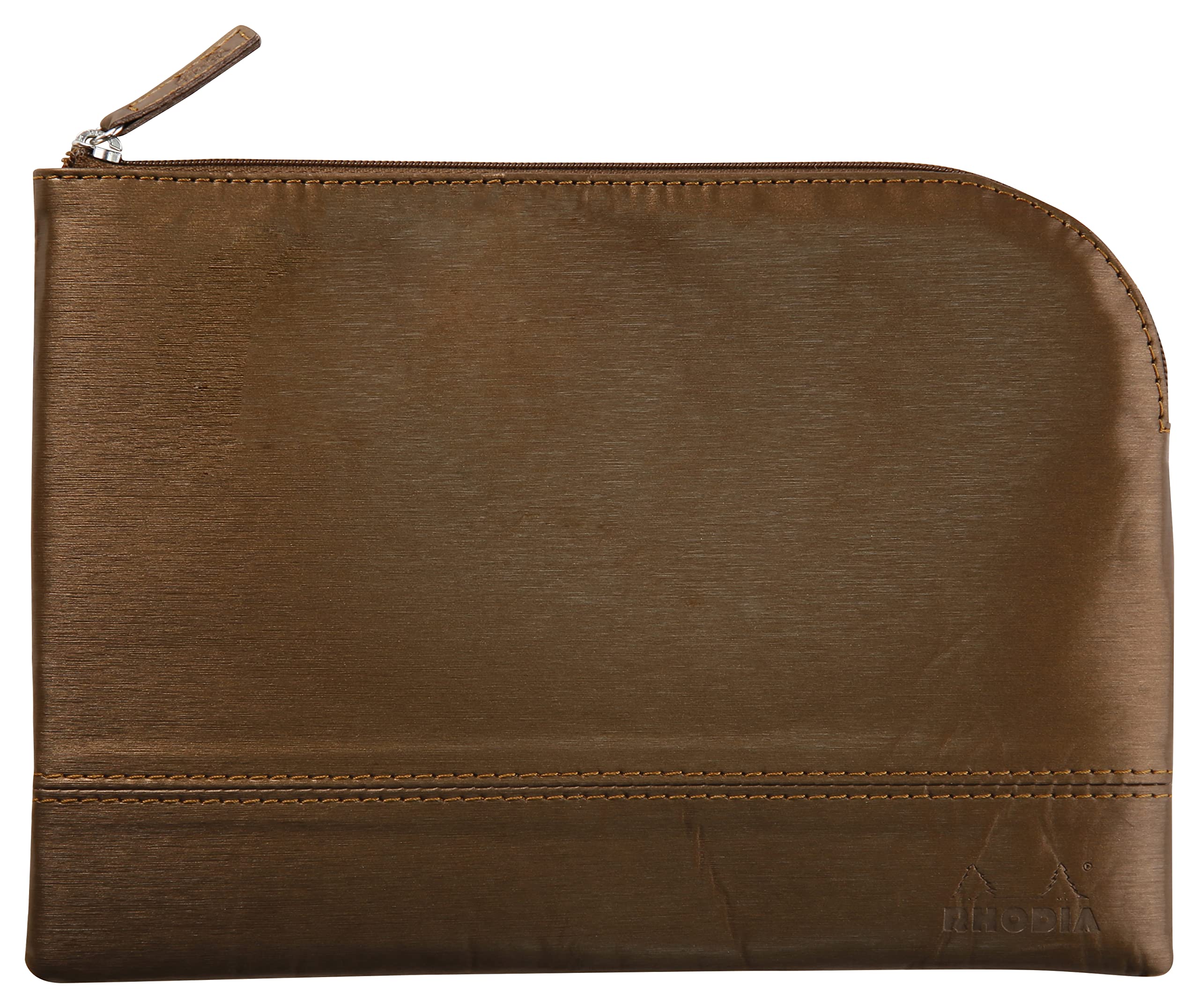 RHODIA 116619C, Faux Leather Zippered Pouch, Bronze, Size M (16 x 22 cm), Genuine stitching, Orange Fabric Inside