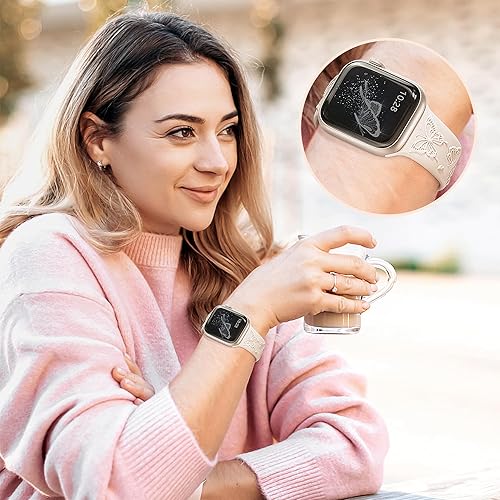 Miniatura 4 de Melyis Correa deportiva de silicona suave grabada con diseño floral y mariposa compatible con Apple Watch de 1.575 pulgadas, 1.614 pulgadas, 1.496
