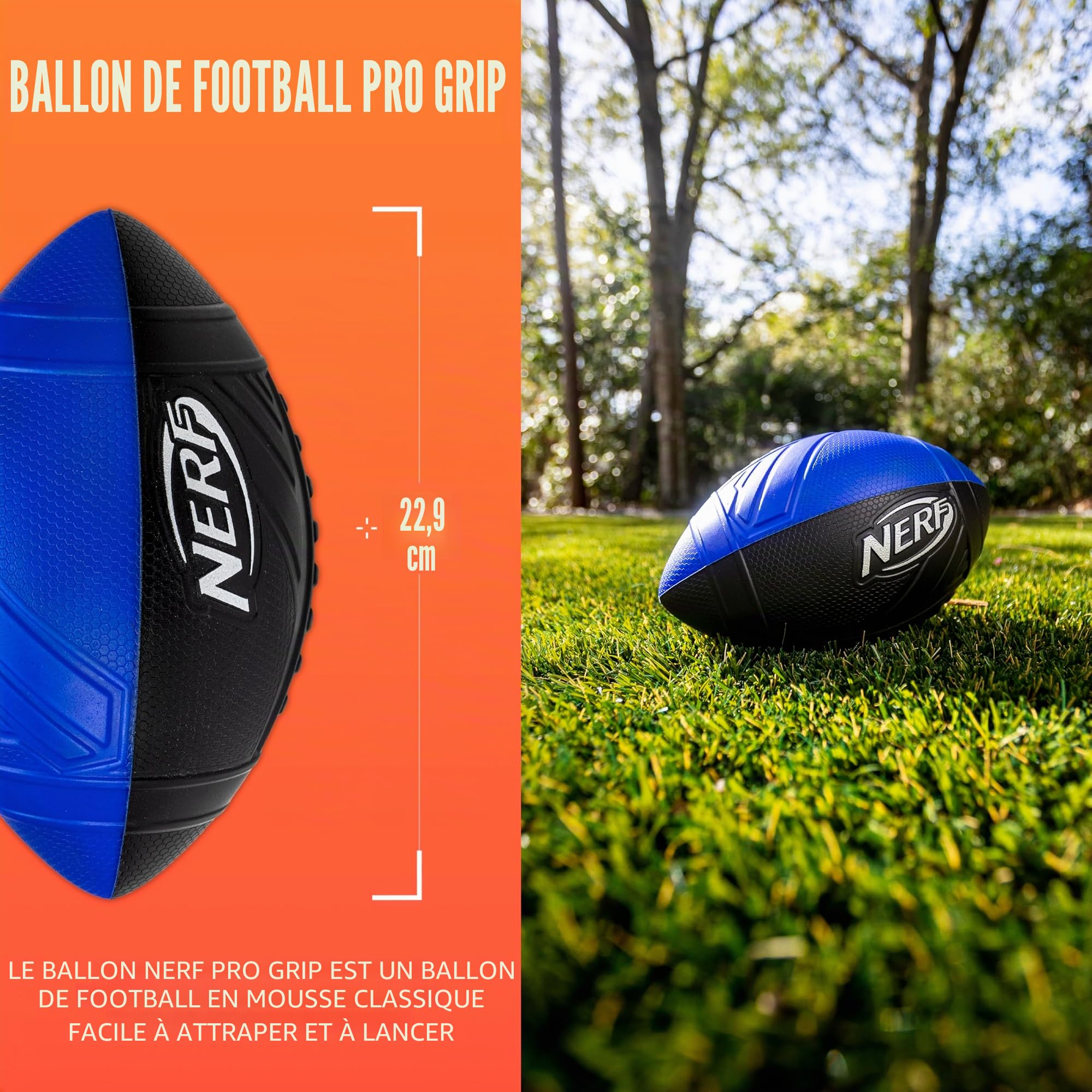 Ballon de football Nerf Pro Grip – Ballon classique en mousse – Facile à attraper et à lancer – Idéal pour jouer en intérieur et en extérieur – Bleu