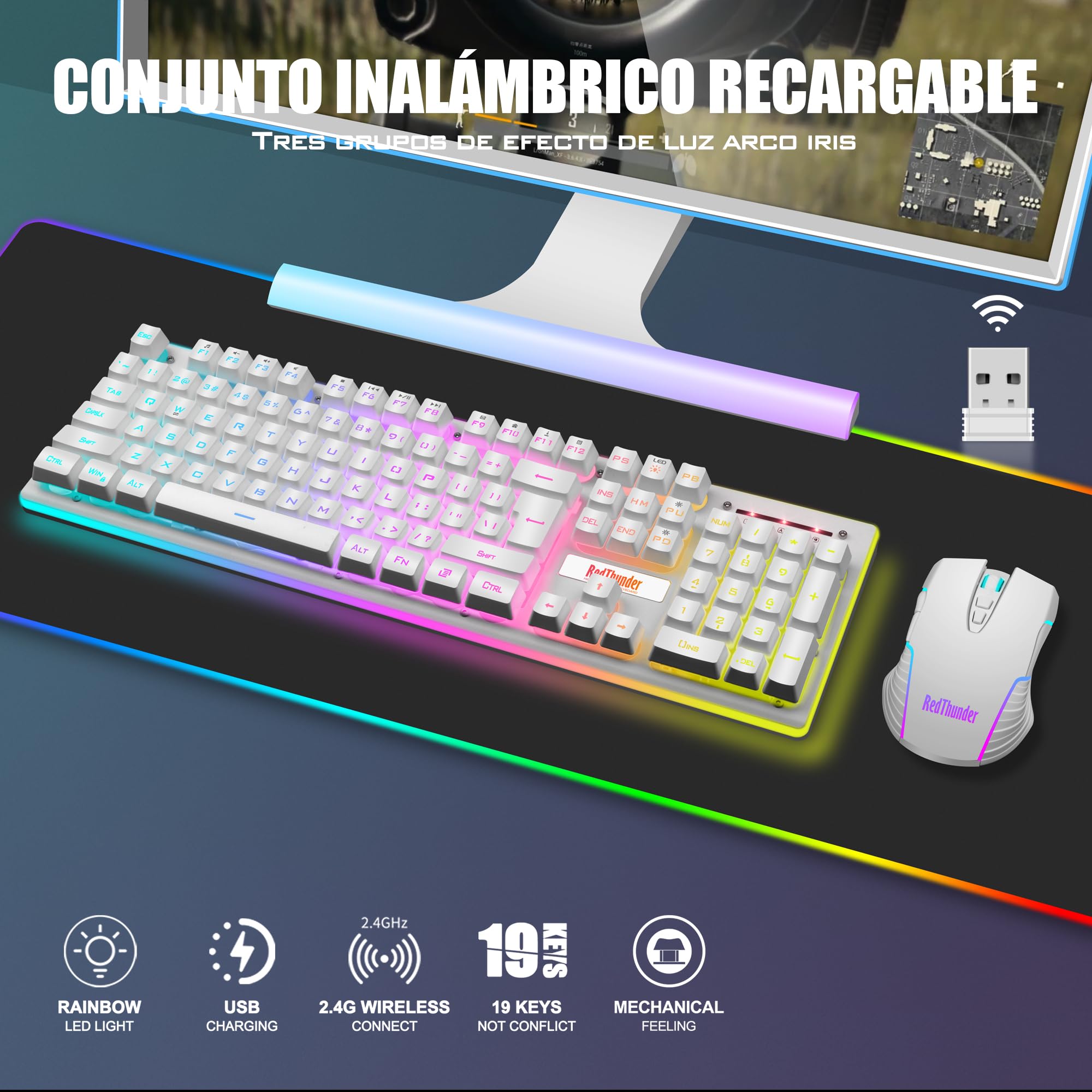 RedThunder K10 Kabellose Gaming-Tastatur, RGB-Hintergrundbeleuchtung, wiederaufladbarer Akku mit 3800 mAh, Anti-Ghosting + 7D-Maus, 3200 DPI, ES-Layout, für PC/PS5/Xbox-Weiß