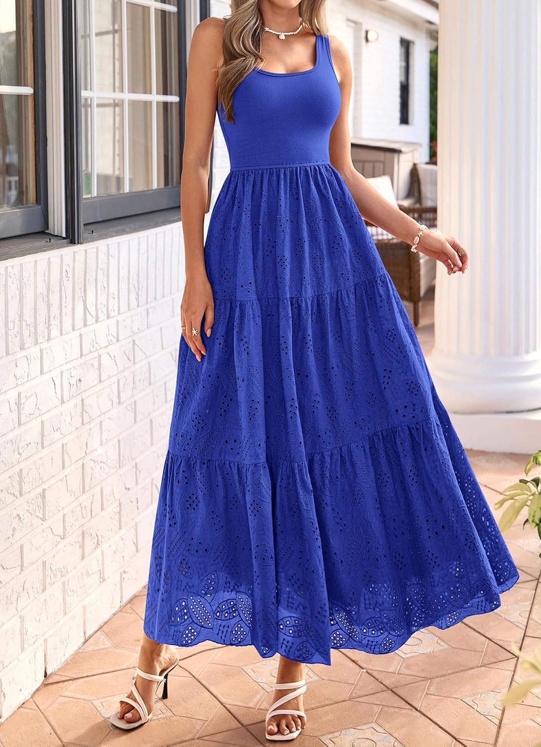 BTFBM Women Summer Eyelet Midi Dresses Casual Spring 2026 Sleeveless A Line Flowy Vacation Beach Wedding Guest Sun Dress