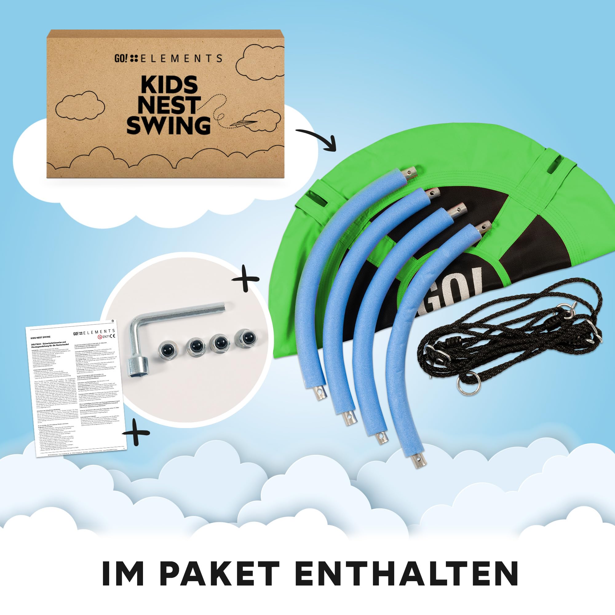 GO!elements Nestschaukel Outdoor | Kinderschaukel oder Gartenschaukel | Höhenverstellbare Schaukel für Kinder & Erwachsene (Familienschaukel) bis 150 KG belastbar | Größe: ø 100cm, Farbe: Grün