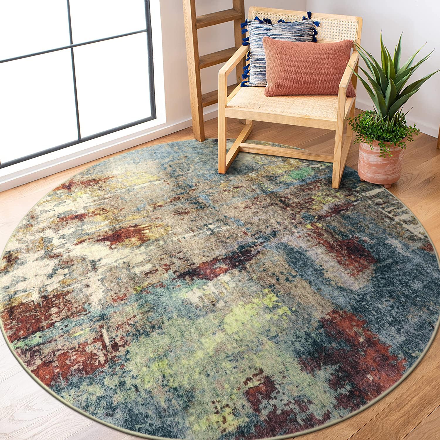 Lahome Modern Abstract Round Rug 5ft - Washable 5x5 Circle Rugs for Bedroom Dining Table Non Slip Non-Shedding, Soft Floor Carpet for Living Room Nursery Dorm Kitchen,Red/Multi