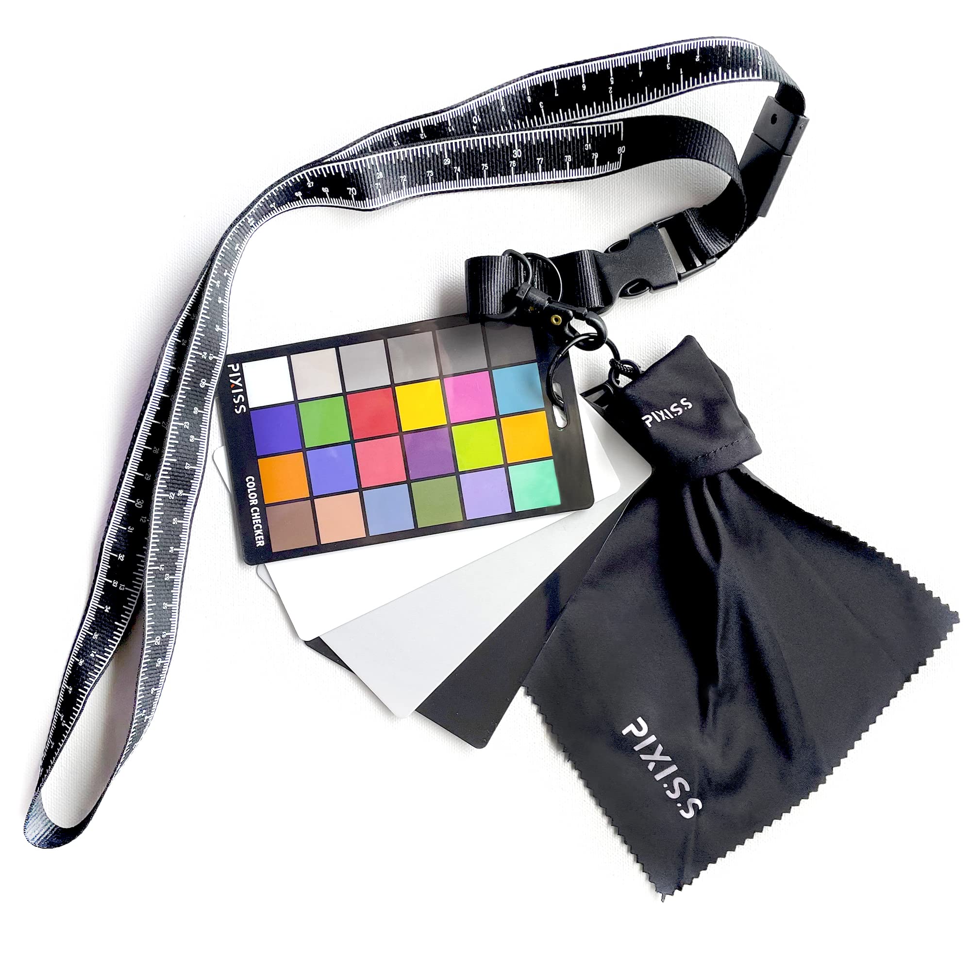 Pixiss Set Di Carte Per Bilanciamento Del Colore – 24 Passi, 18% Grigio, Bianco E Nero Con Cordino E Panno In Microfibra