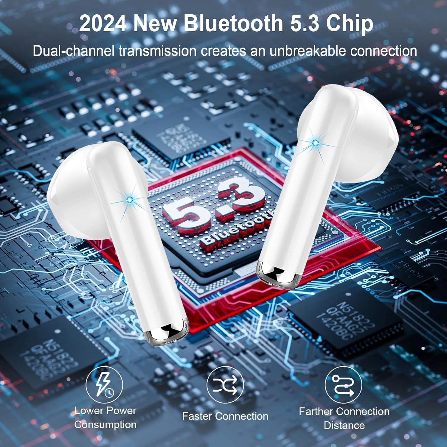 Cuffie Bluetooth 5.3 Wireless, 50 Ore Stereo HiFi, Cancellazione Rumore HD Mic, IP7 Impermeabili, In Ear per iPhone Galaxy Android