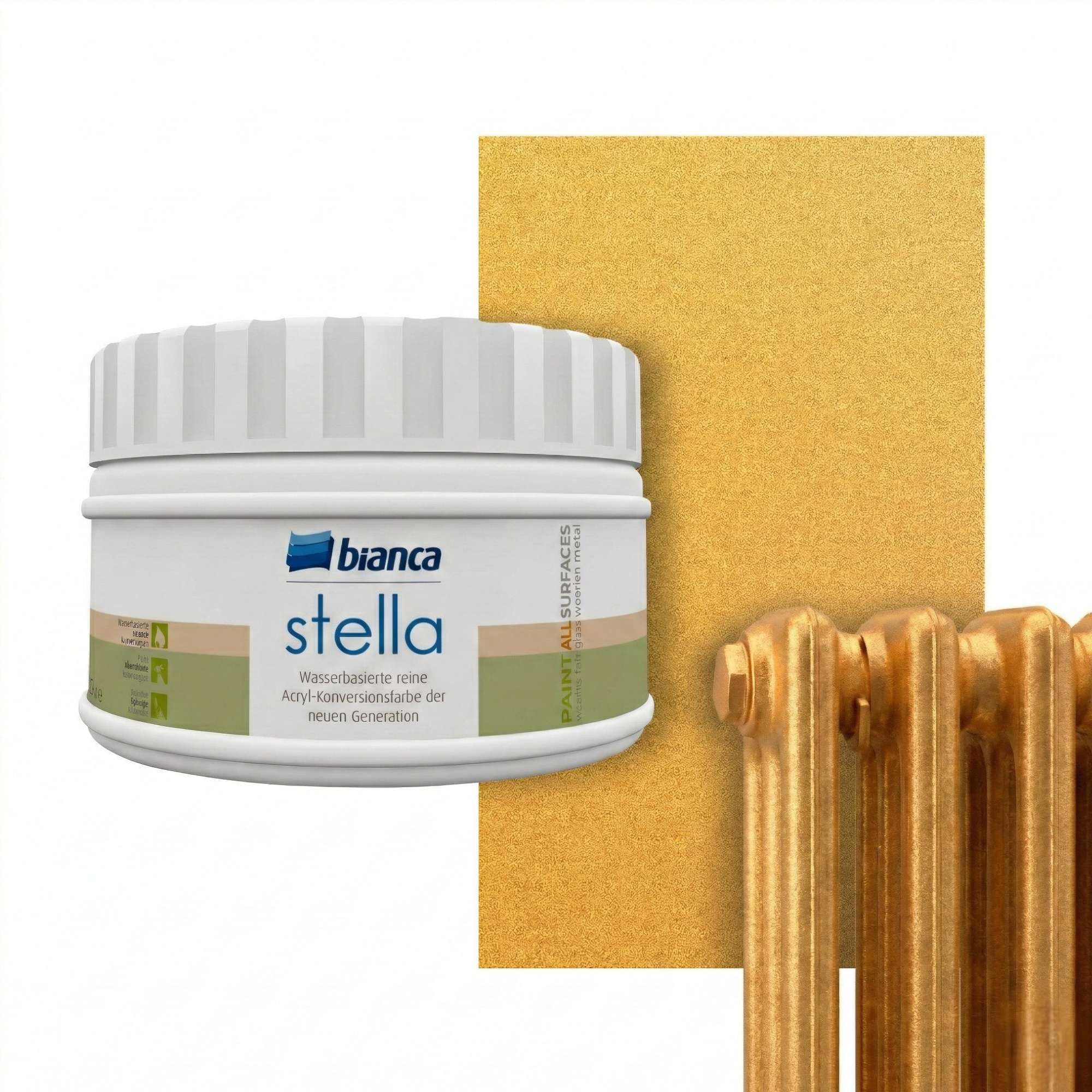 Bianca Stella Radiator Paint, Heat-Resistant, Water-Based, Metallic Gold, Glossy, Scratch-Resistant & High Coverage, 250ml