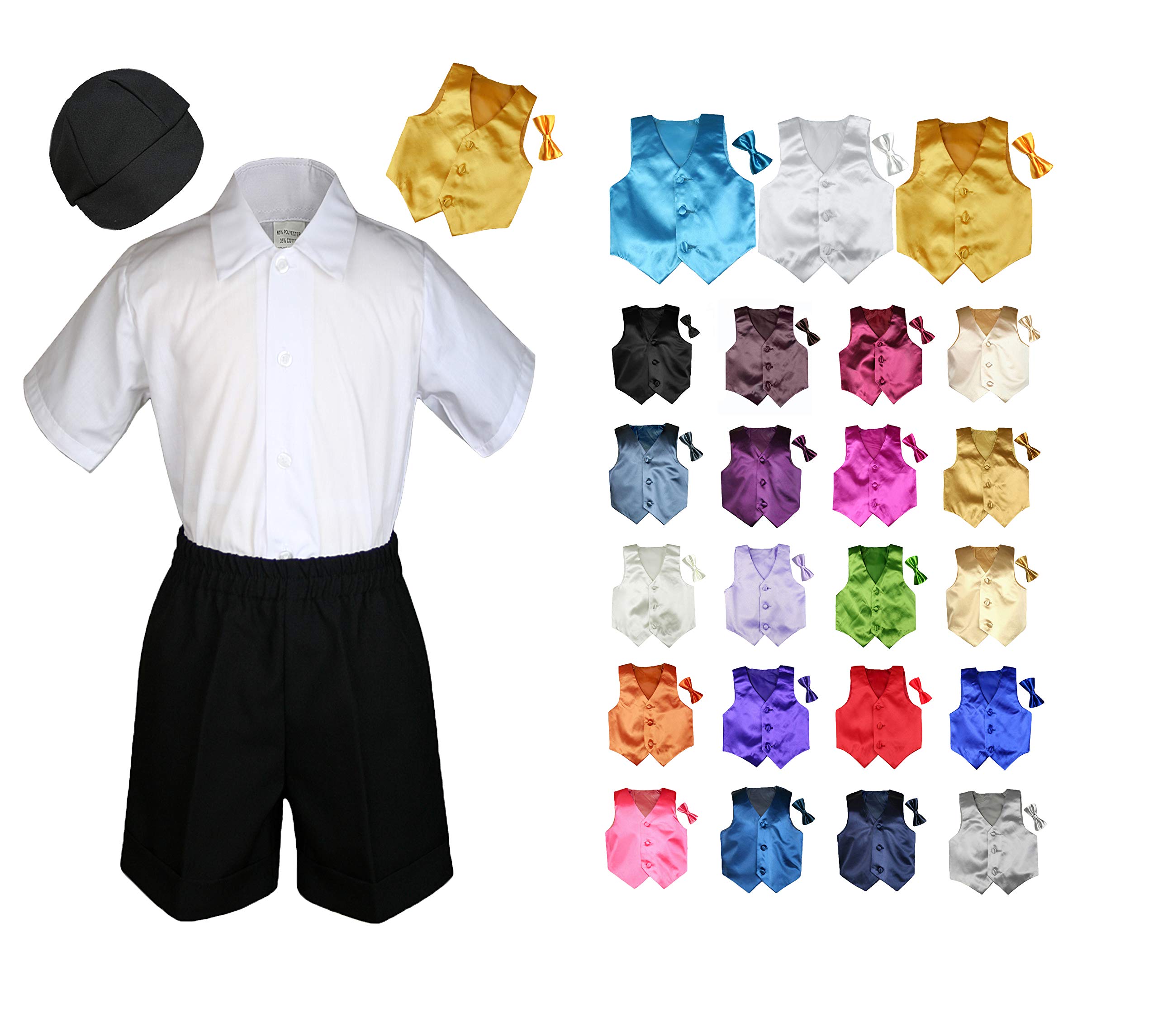 Milltex 5 Pieces Formal Party Color Satin Vest & Bow tie Shirt W/Hat Black Shorts Set Baby Boy Toddler Sm-4T (2T, Gold)