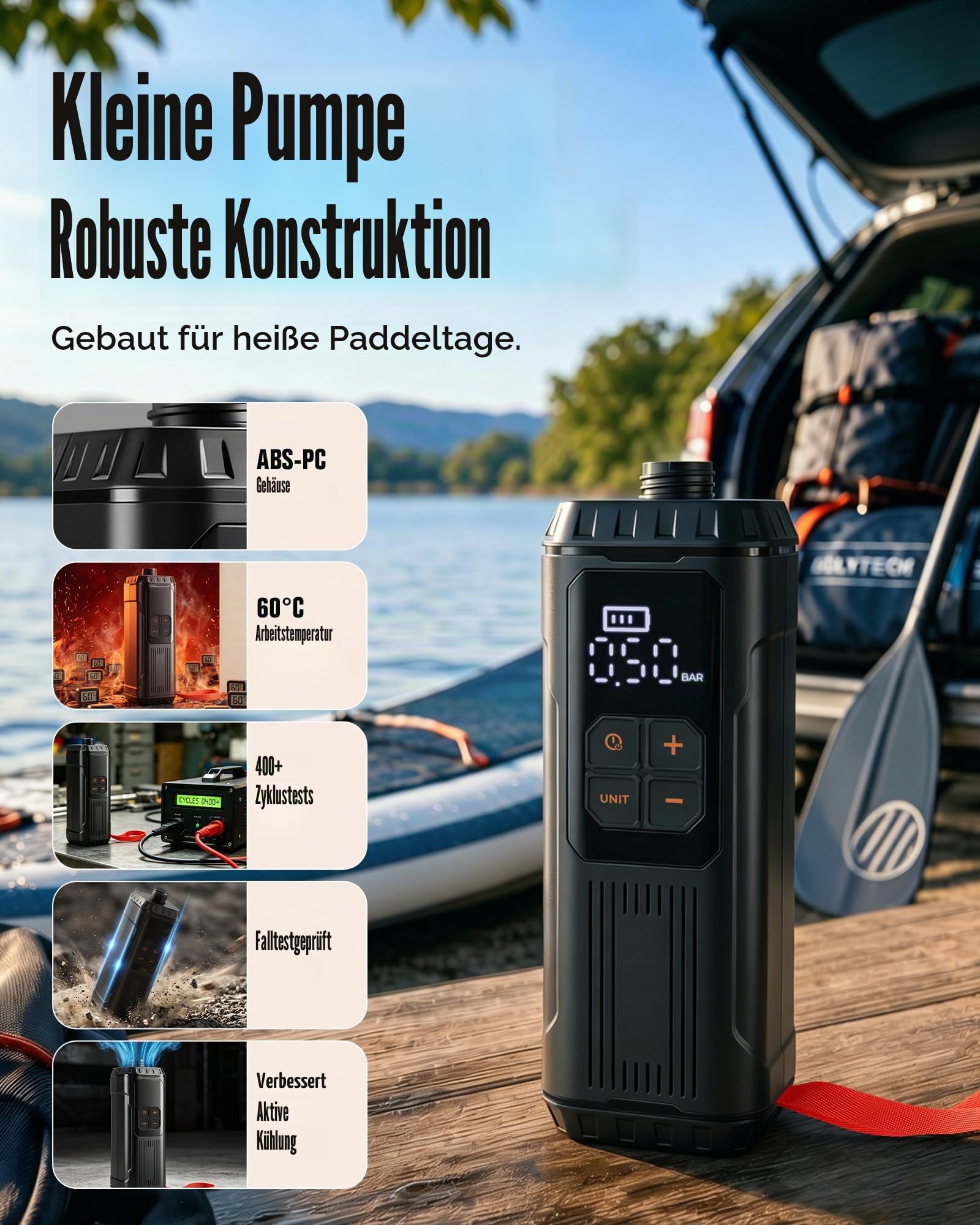 Mini Paddle Board Pumpe, Tragbare SUP Luftpumpe mit Akku, Leichte Elektrische Inflator 12PSI Automatische Abschaltung, USB-C Wiederaufladbar für Paddle Boards, Kajak, Pool Floats
