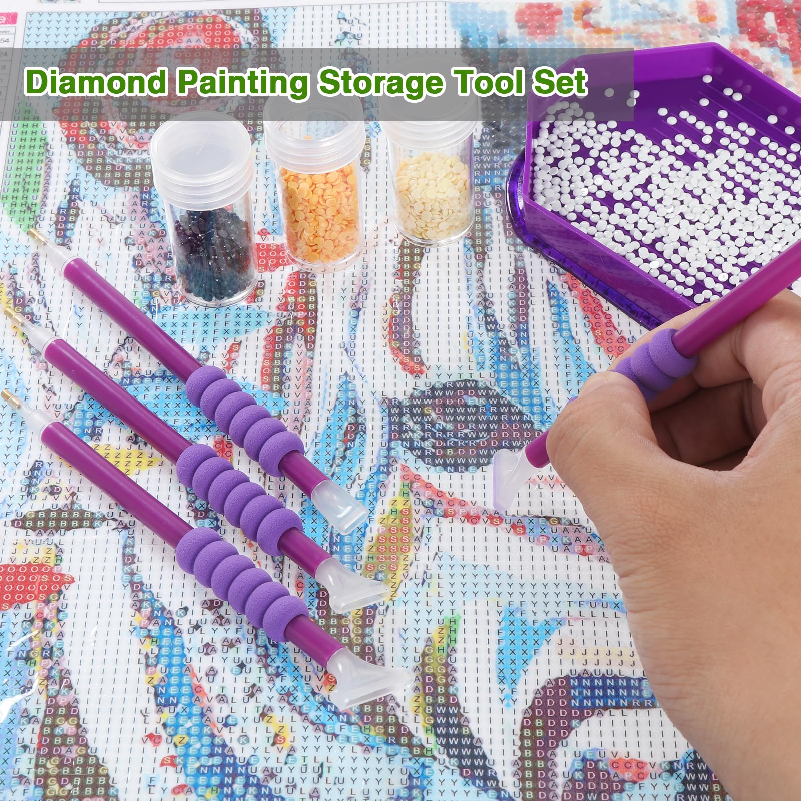 Diamond Painting Zubehör Boxen,30 Slots Diamond Painting Storage Diamond Painting Koffer mit Trichter Stickers für Strass Perlen Nägel DIY Handwerk(Lila)