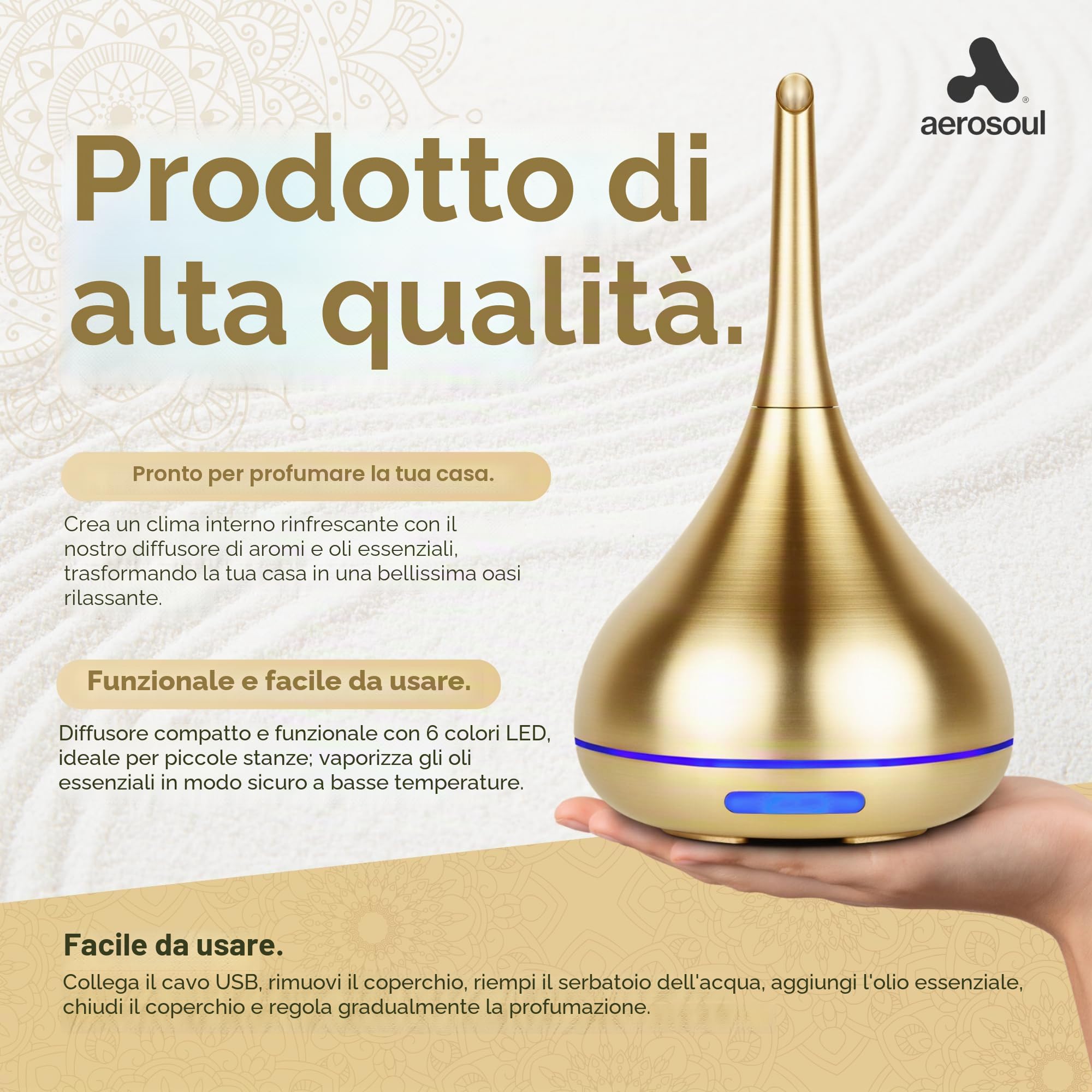 aerosoul® Diffusore Aromi 100 ml per Oli Essenziali LED 6 h Oro