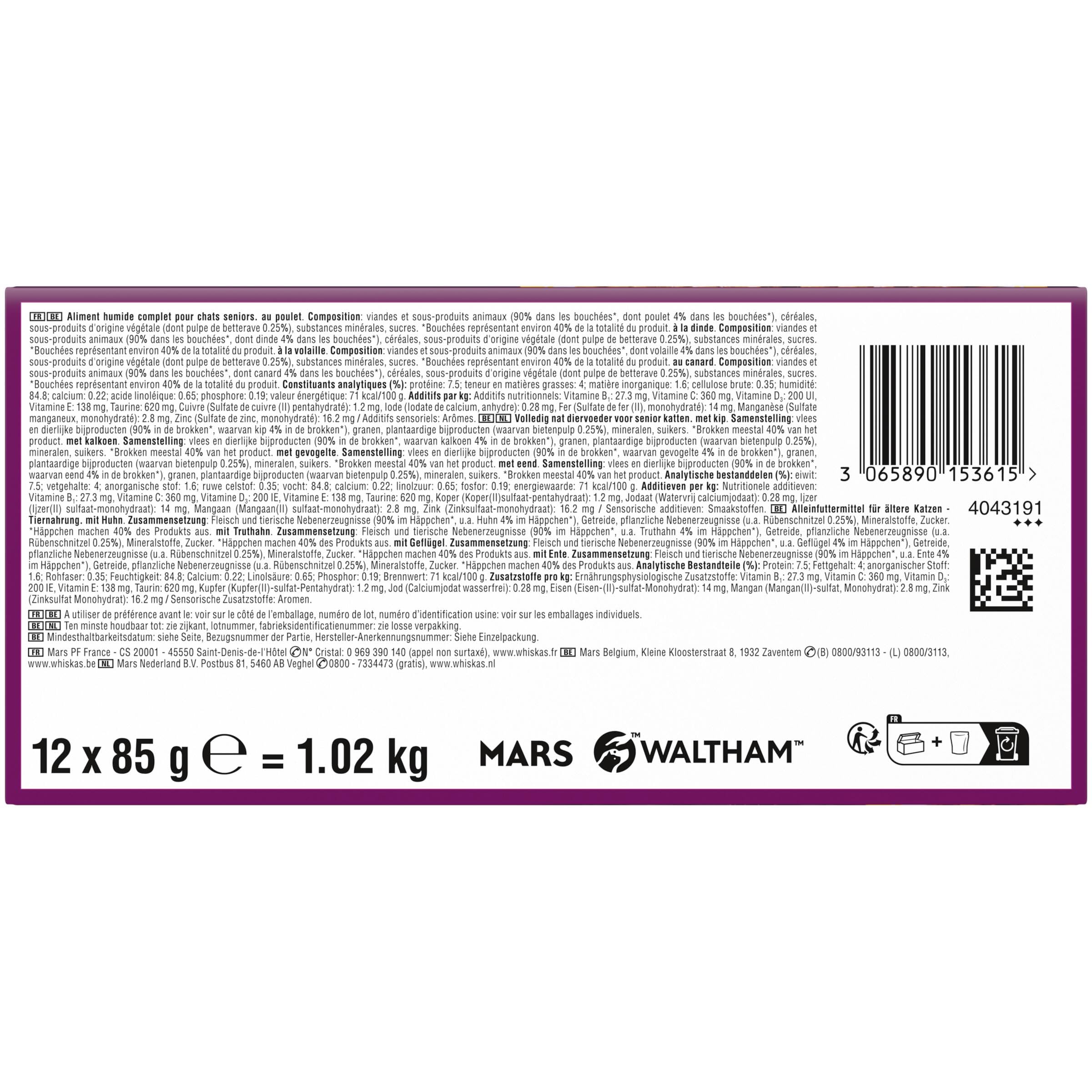 WHISKAS Aliment humide en sauce Chat senior 7+ 12x85g Festins à la Volaille (Lot de 4) 48 Sachets