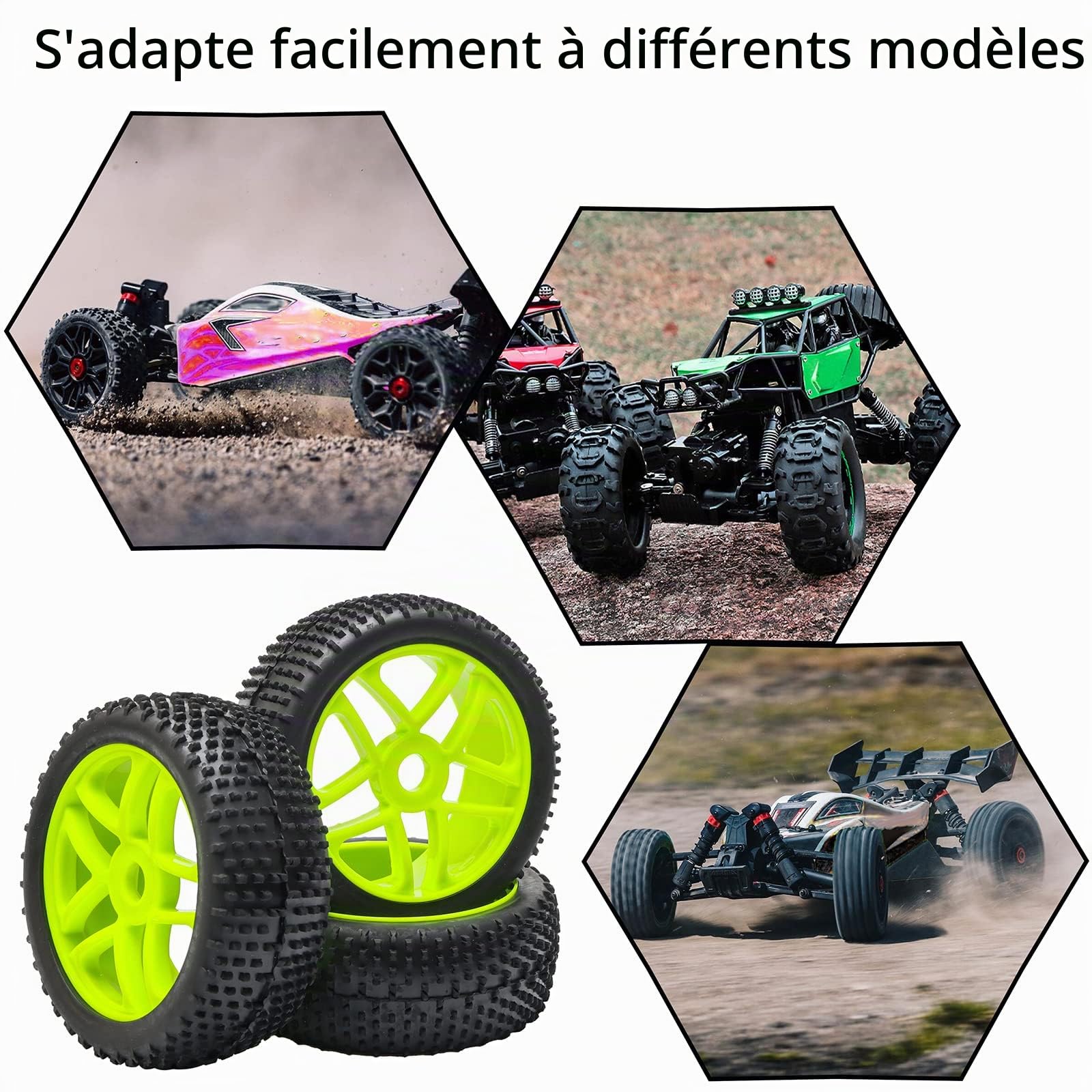 Lot de 4 pneus en caoutchouc vert RC 1:8 pour voiture tout-terrain 5 rayons et jante plactique pour voiture HSP
