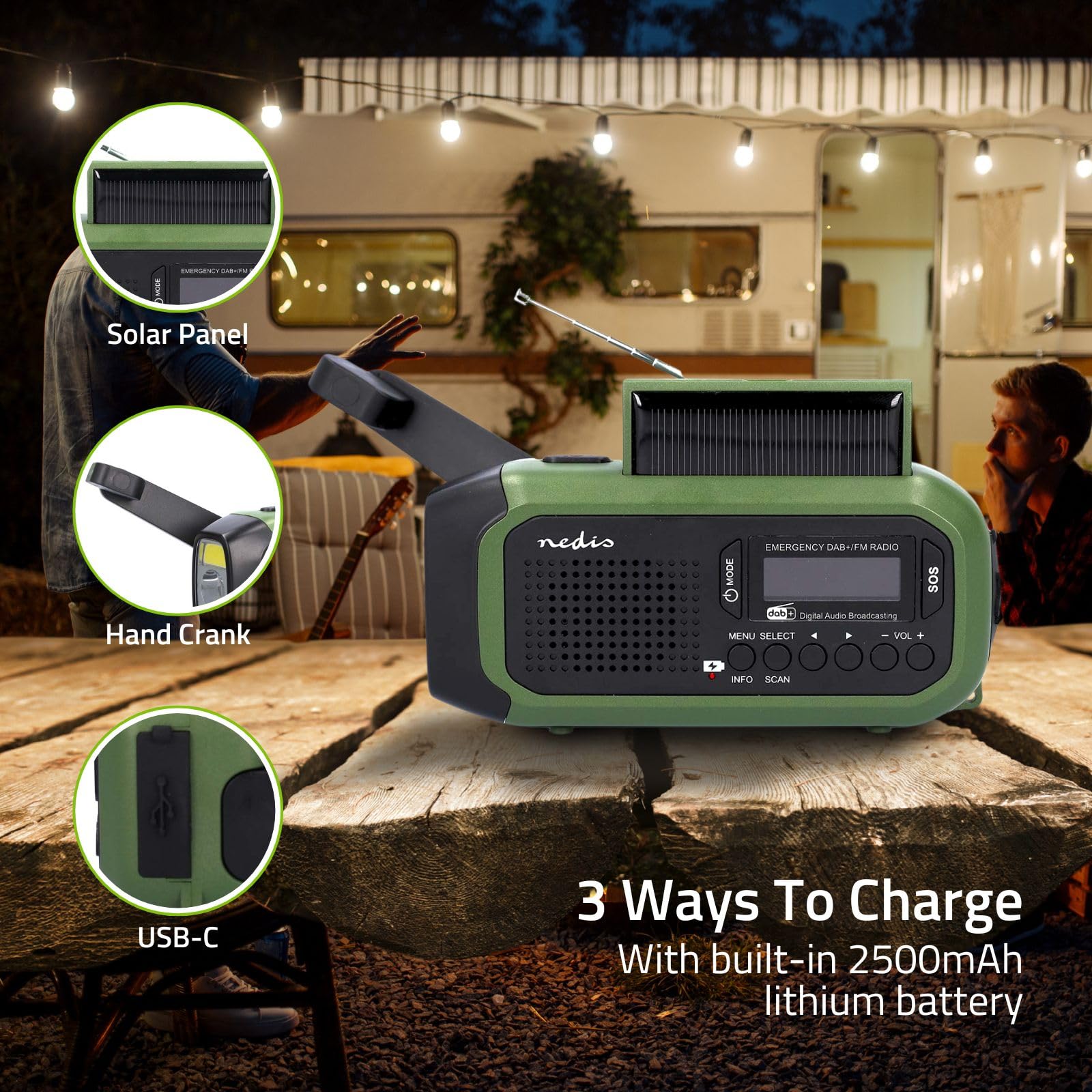 Notfallradio - Tragbare Ausführung - DAB+ / FM - Batteriebetrieben/Handkurbel/Solar Powered/Stromversorgung über USB - Wecker - Grün/Schwarz