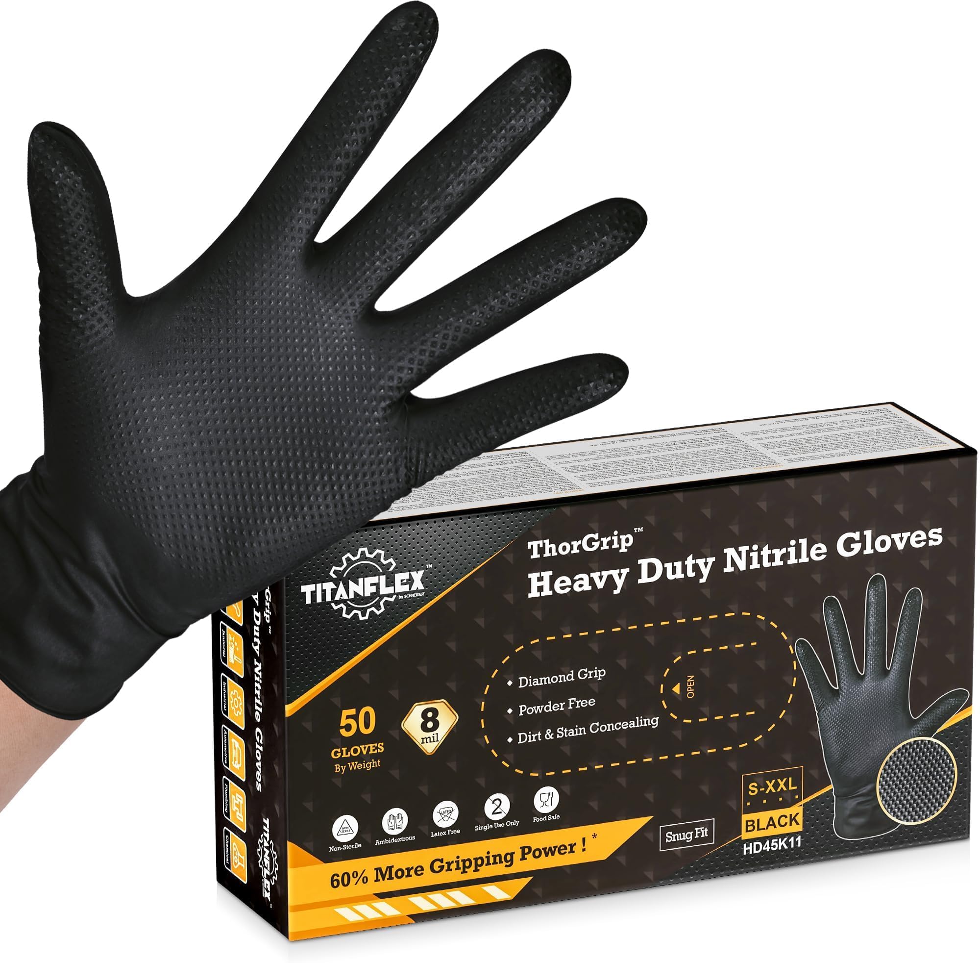 Thor Grip Heavy Duty Black Industrial Nitrile Gloves 8mm Medium Pack of 50 Disposable Gloves Latex Free with Raised Diamond Texture Grip Powder Free Rubber Gloves