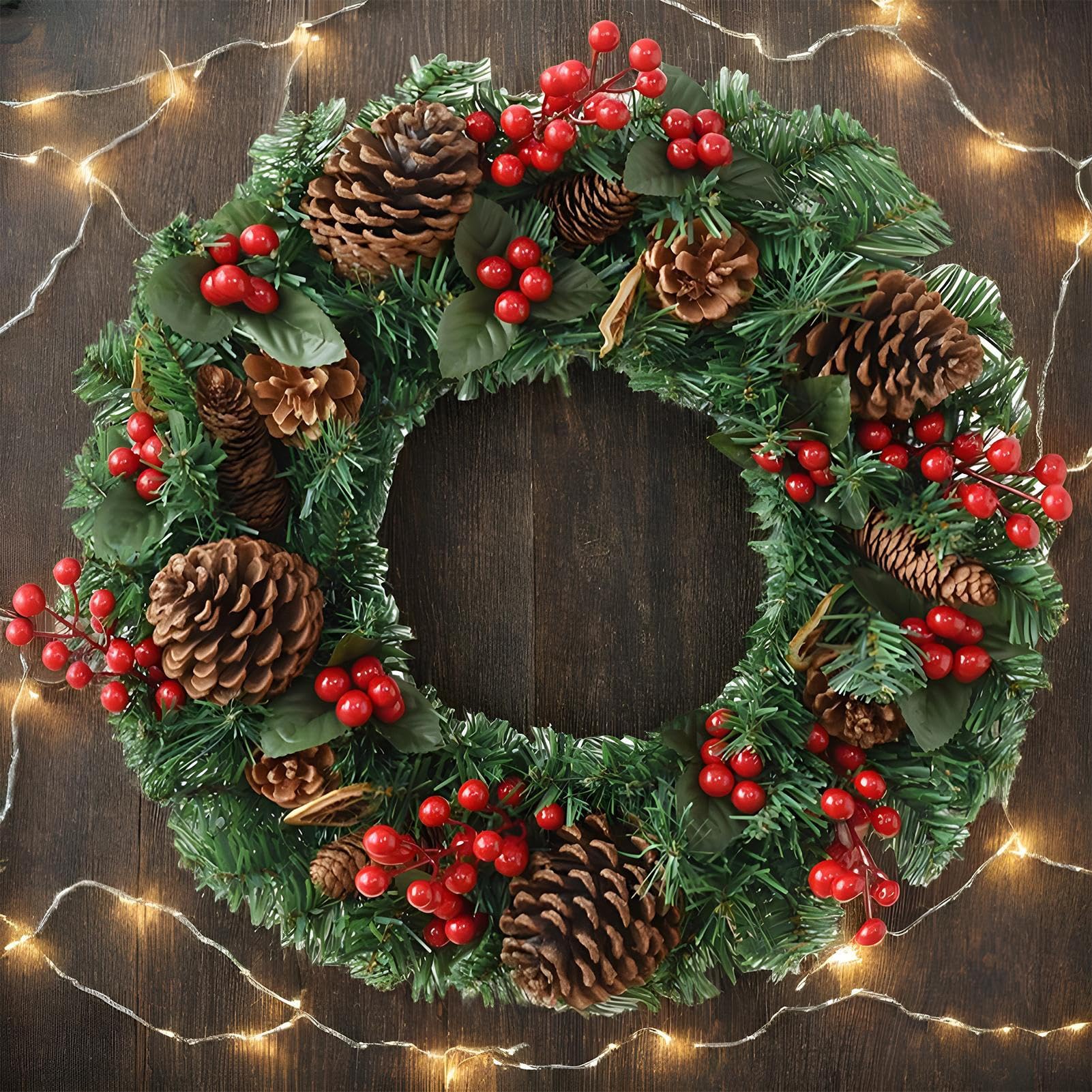 Couronne De Porte De Noël Décorations De Fêtes Artificielles | Couronne Décorative avec Baies Rouges et Cônes de Pin Pour Extérieur Intérieur Porche Fenêtre Cheminée Manteau