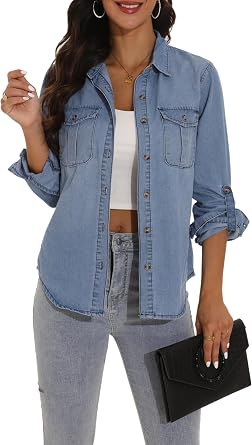 GUANYY Womens Denim Button Down Shirt Long Sleeve V Neck Jean Shirts Western Chambray Blouse Top