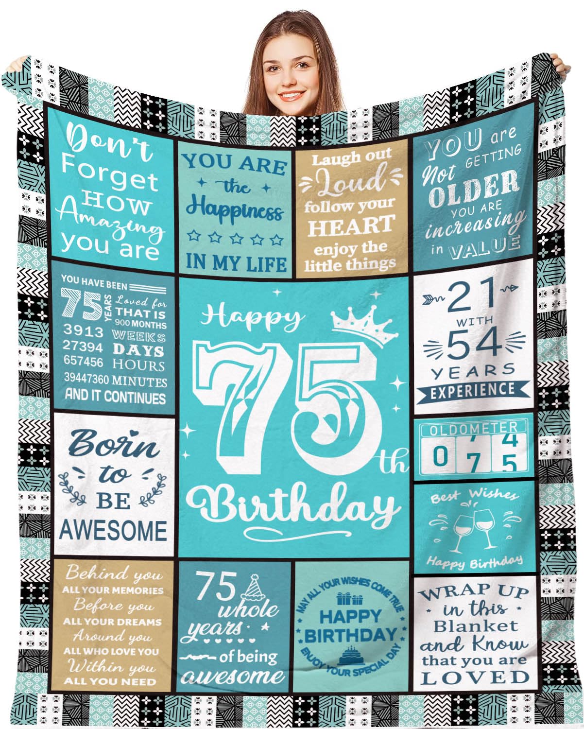 Aeoauter 75th Birthday Gifts for Women Men 150 x 130 cm | Personalised 75 Year Old Birthday Blanket Decorations Gift for Woman Man, Turning 75 Flannel Throw Presents for Her Mum Wife Sister Grandma
