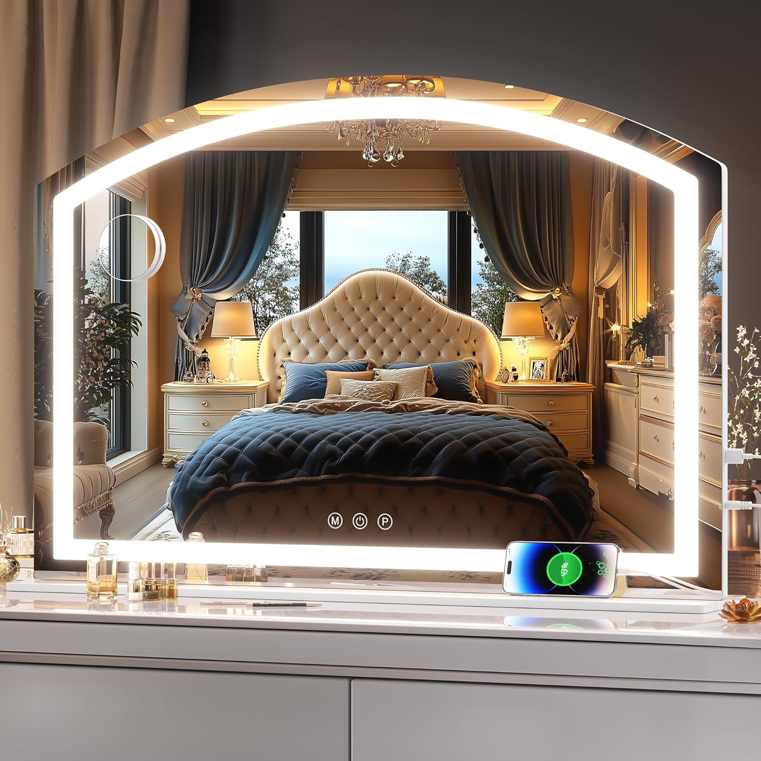 Hasipu Arch Vanity Mirror with Light, 36" x 24" Arched Led Makeup Mirror with 10X Magnification, Lighted Makeup Mirror Desktop with USB Charging Port, Dimmable 3 Colors Mode White 36"L x 24"W