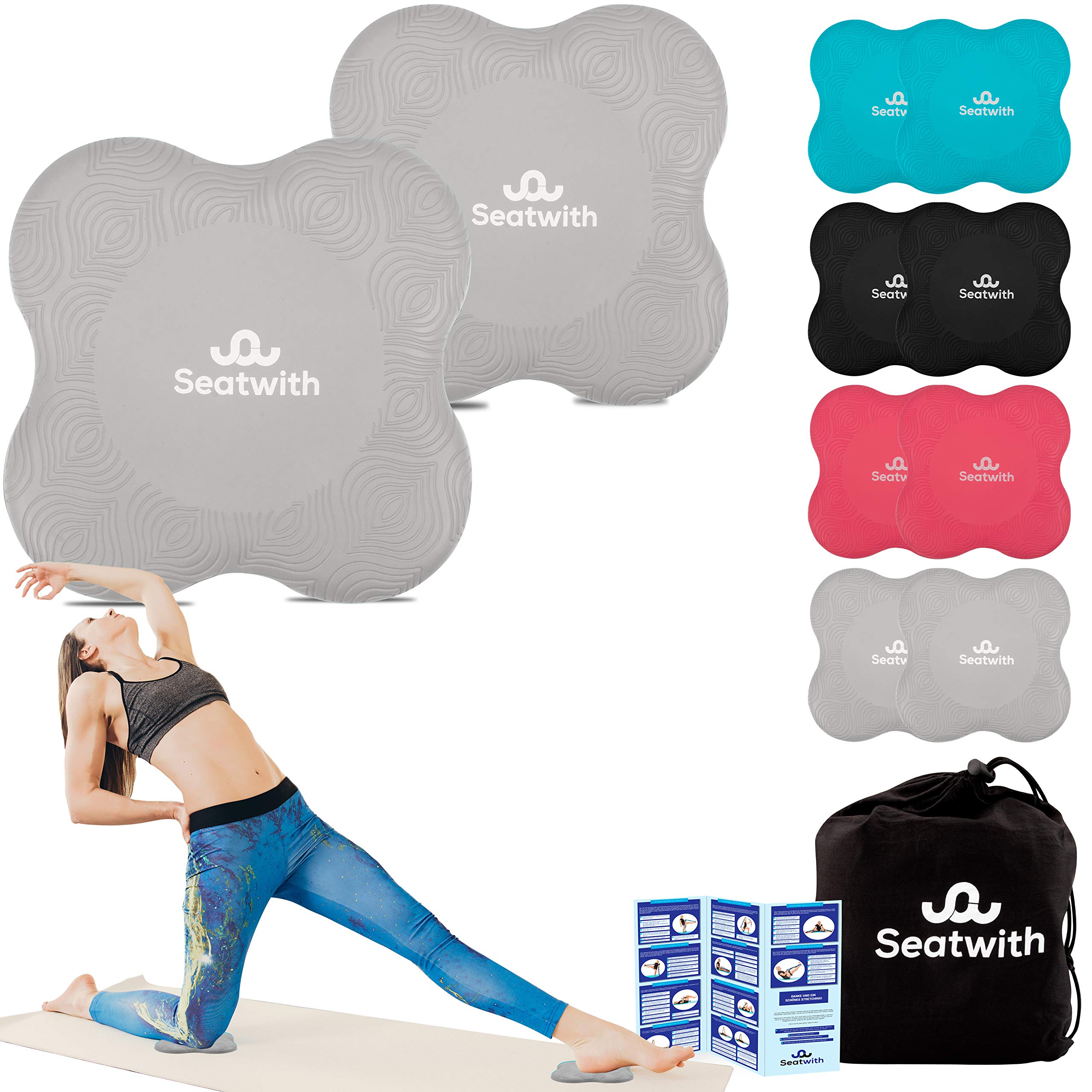 Poduszka na kolana do jogi, zestaw 2 szt., z workiem transportowym + instrukcja treningowa PDF, maksymalne odciążenie i wsparcie kolan, nadgarstki i łokcie, 20 x 20 cm, fitness pilates