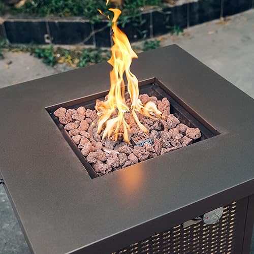 Miniatura 8 de Mesa de fuego de propano, mesa para fogata al aire libre con tapa y roca de lava, chimenea grande de 28 pulgadas con encendido automático 50000 BTU,