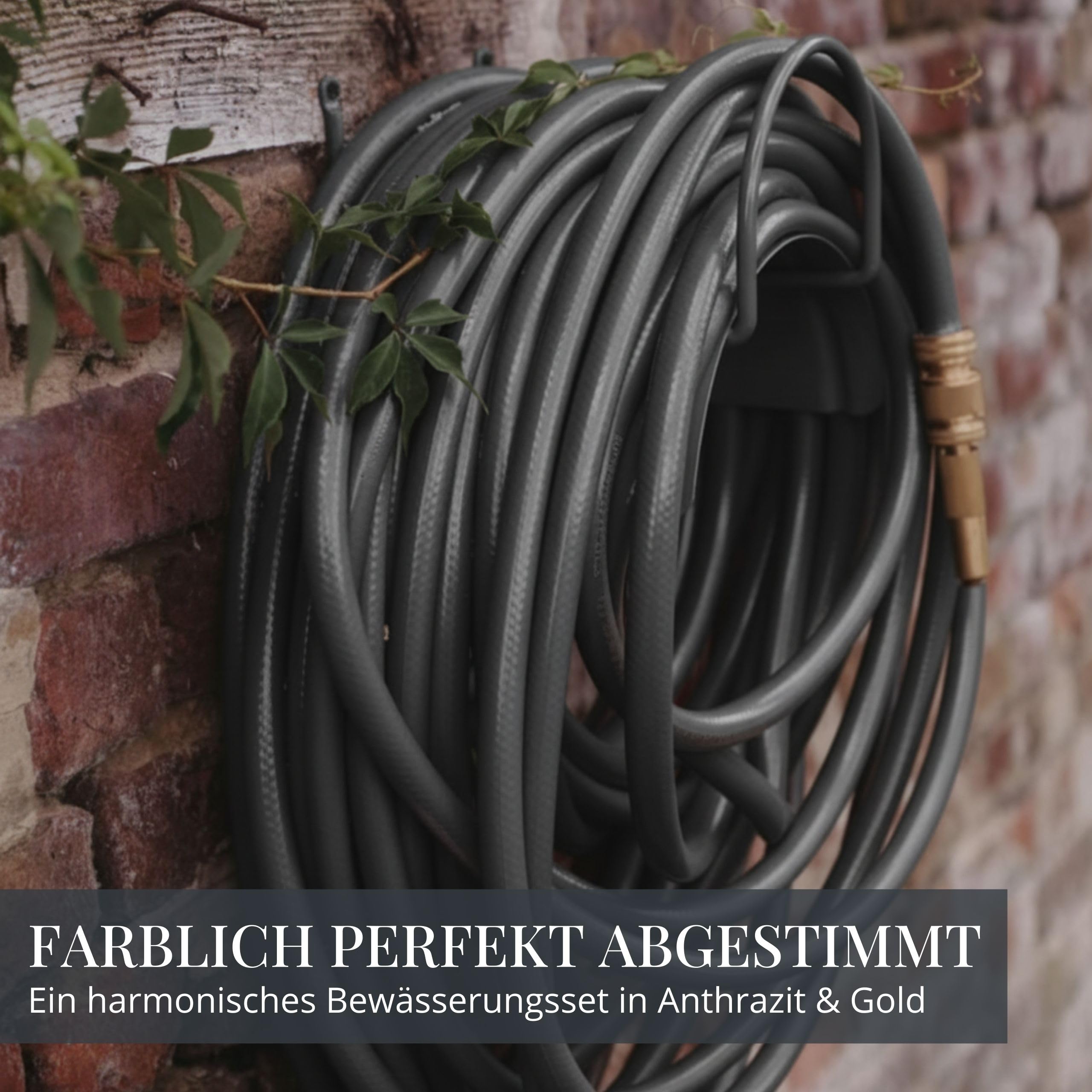 LIVLIG Gartenschlauch 1/2 Zoll 30 m Set – 1/2 Zoll Wasserschlauch inkl. Wandhalterung und Messing Sprühpistole (stufenlos regulierbar) & Kupplungen, Bewässerungs-Set 30m, Anthrazit