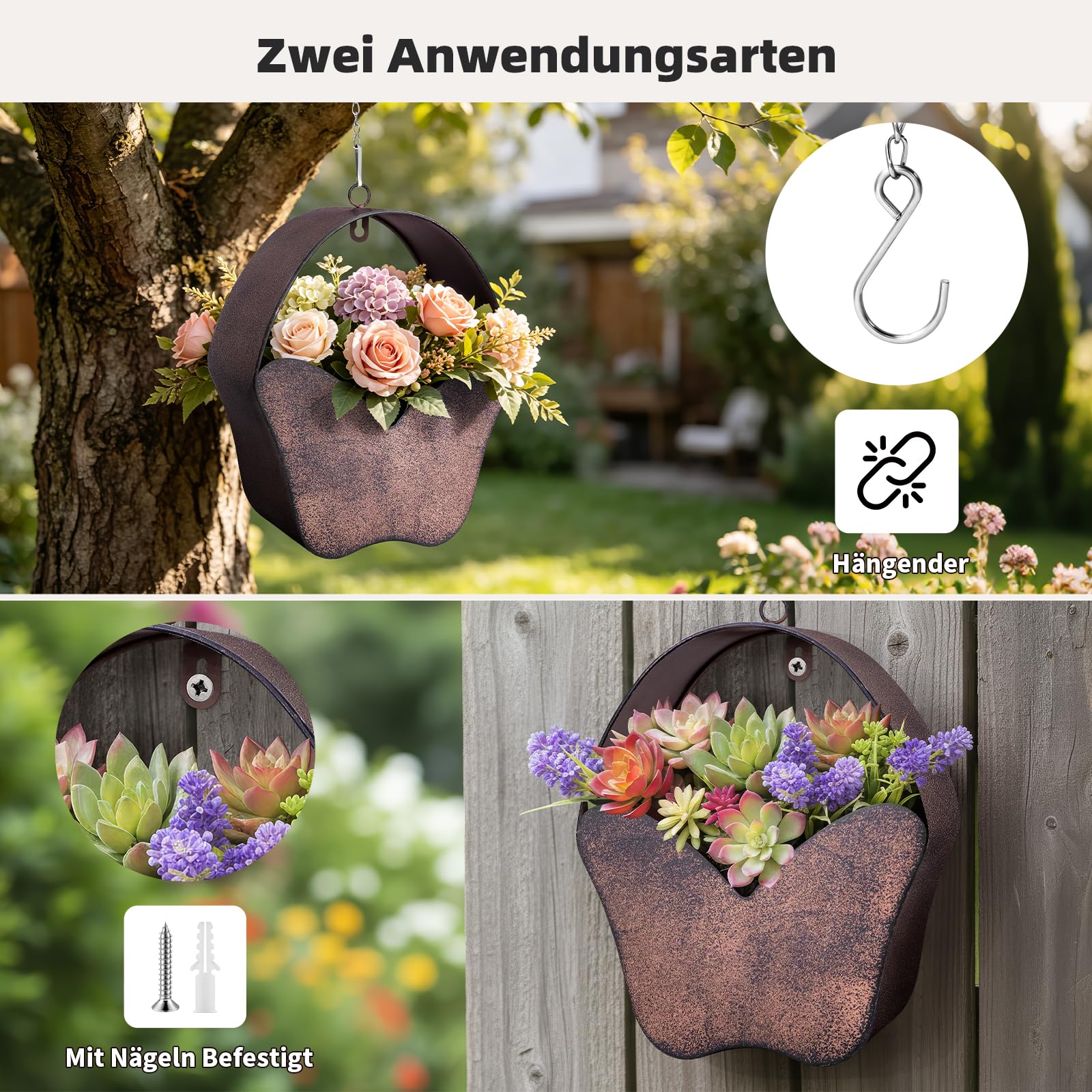 Mittimiya Vaso da fiori in metallo arrugginito da appendere, decorazione per esterni, a forma di farfalla, per parete, finestra, giardino, terrazza, regalo per gli amanti del giardino e regalo di