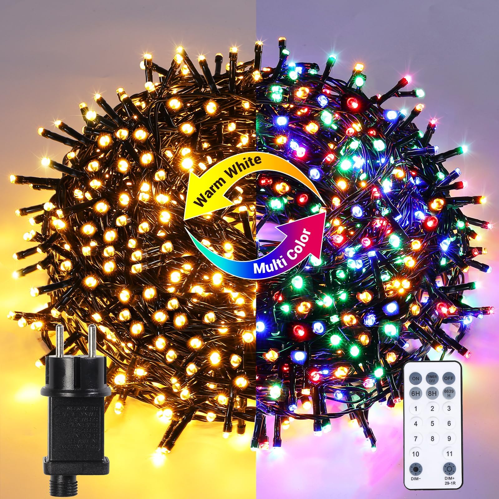 GlobaLink Weihnachts-Lichterkette 100M 1000LED warmweiß/bunt | 11 Modi, dimmbar, mit Fernbedienung und Timer, für Weihnachtsbaum und Dekoration